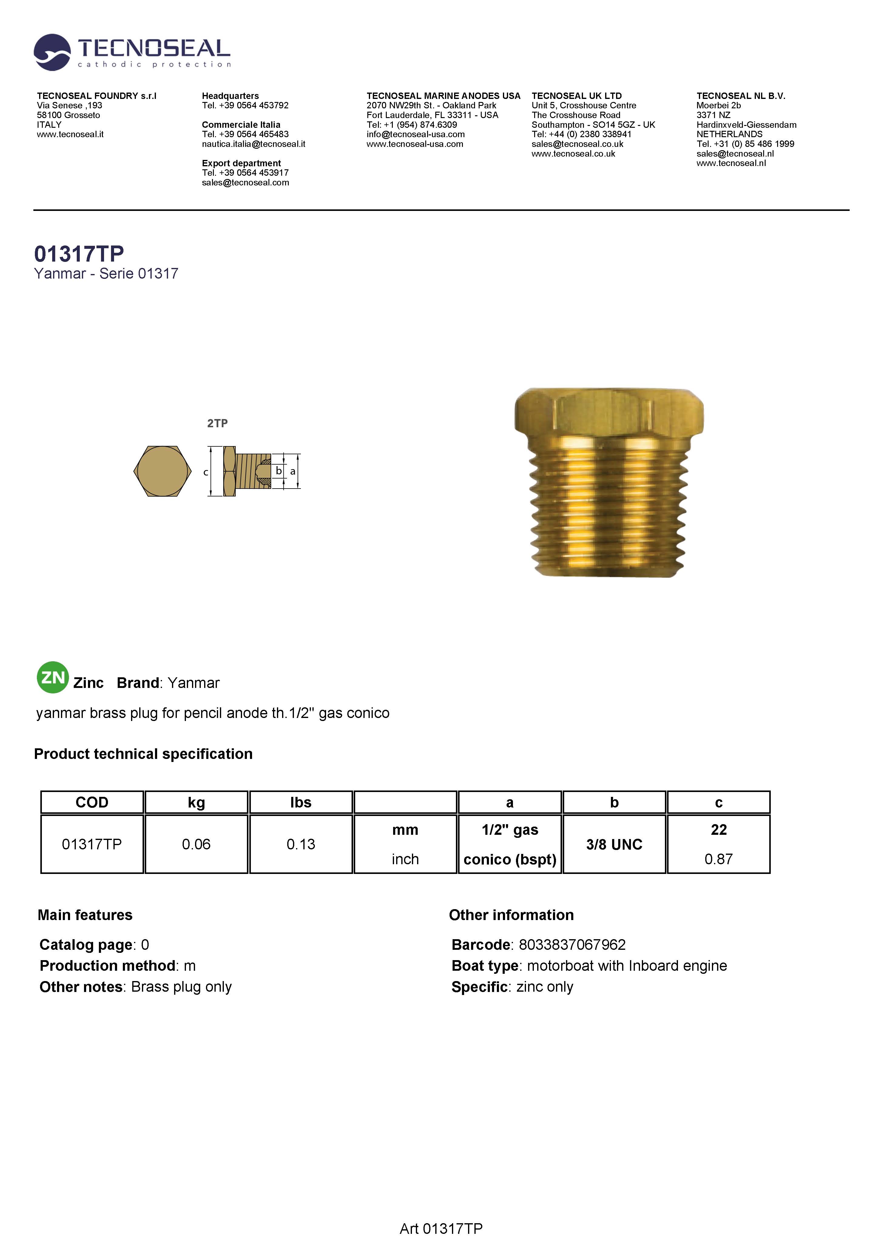 Yanmar brass plug 1/2'' Bspt - 01317tp 1 - 01317TP