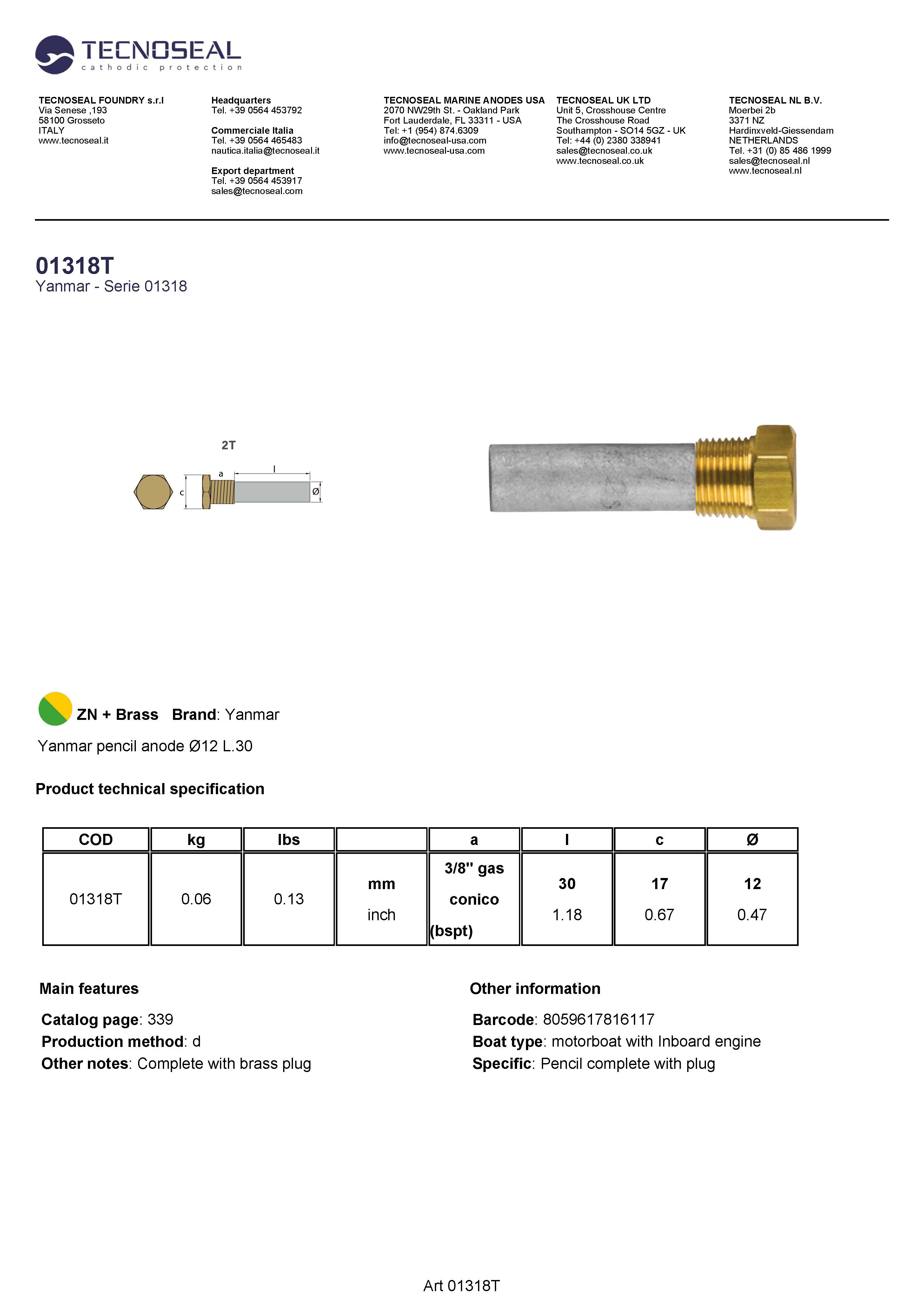 Yanmar pencil anode 12 L.30 - 01318t alias 01316t - 01318T