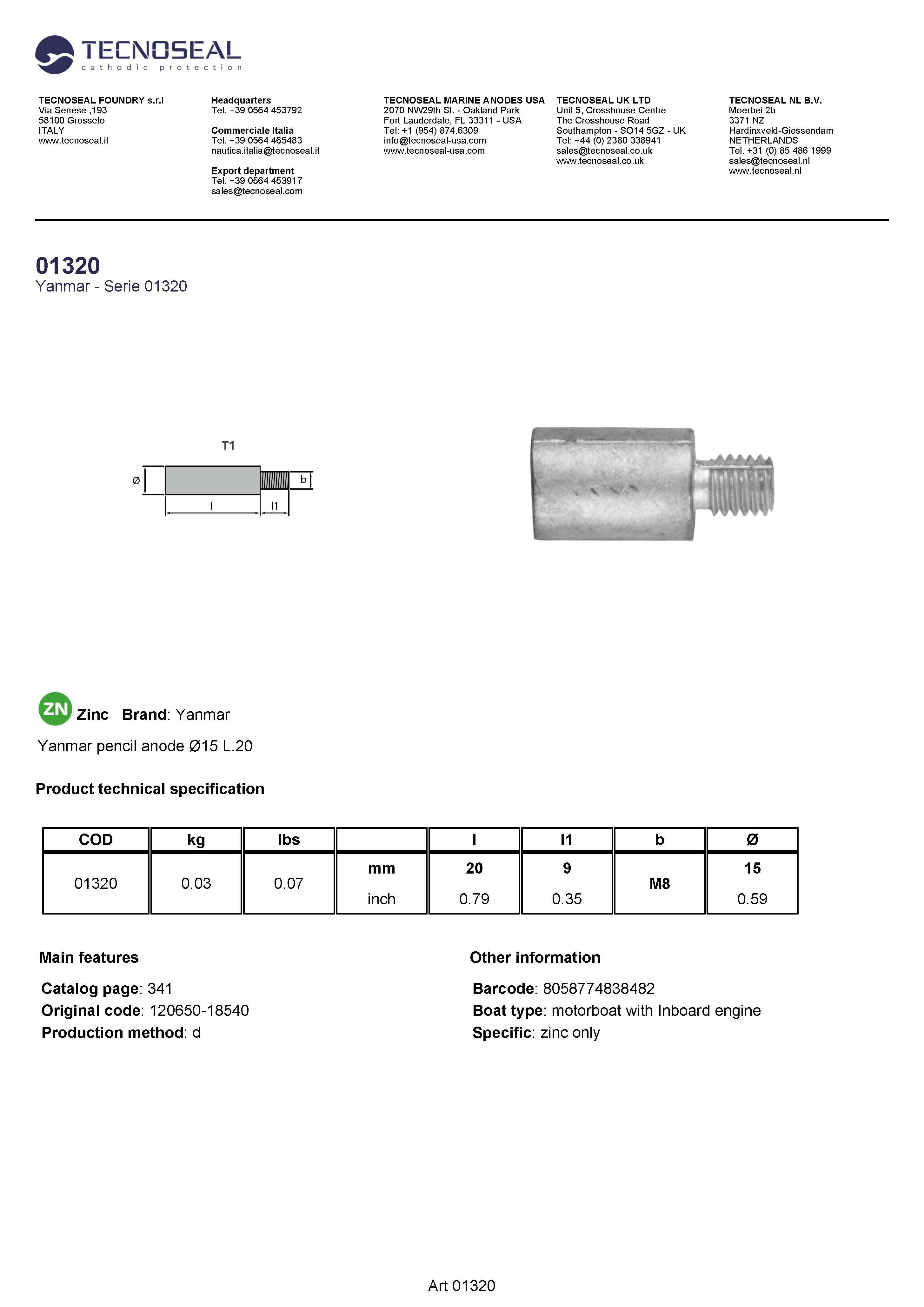 Yanmar pencil anode &Oslash;15 L.20 - 01320 1 - 01320