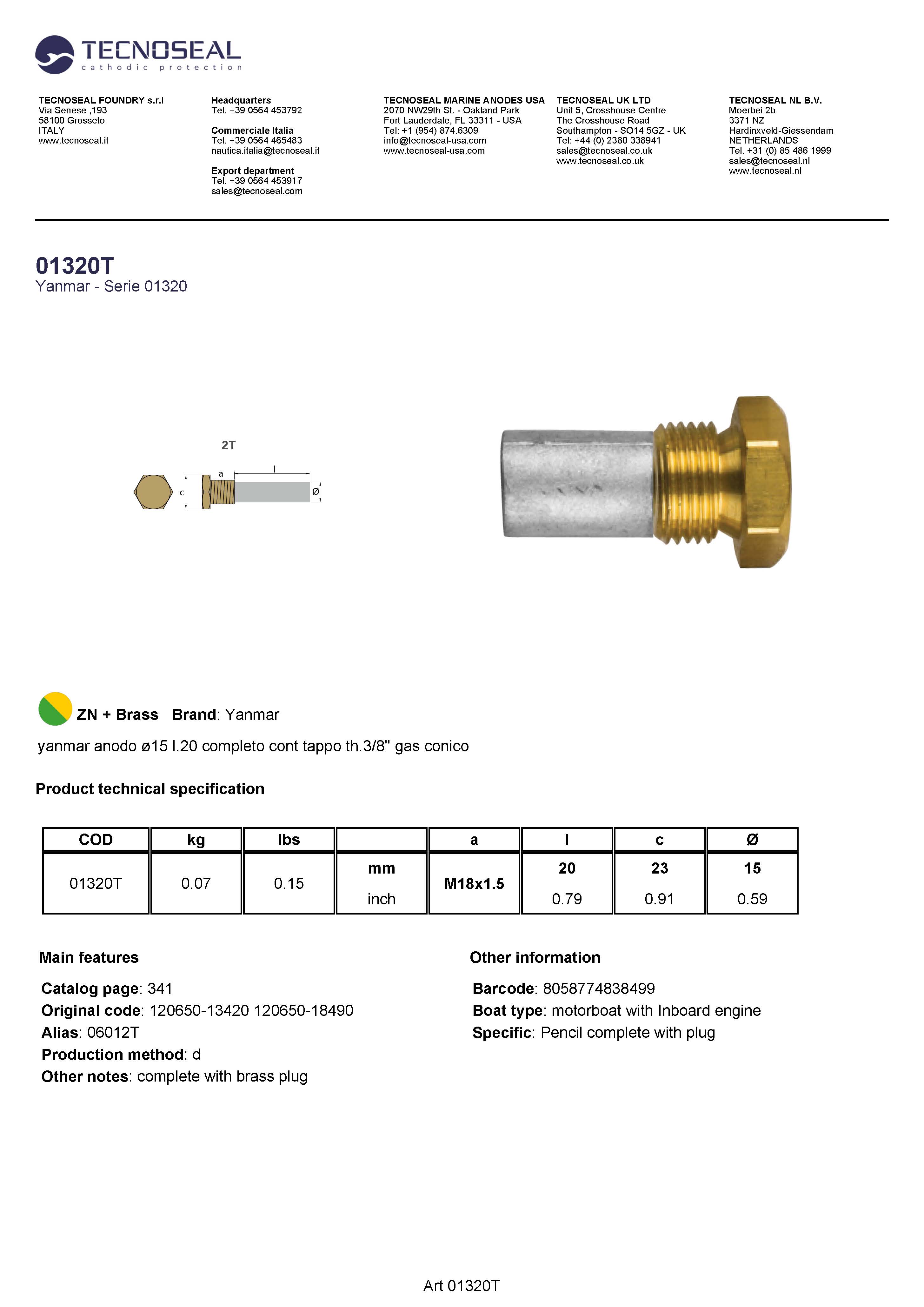 Yanmar pencil anode &Oslash;15 L.20 - 01320t 1 - 01320T