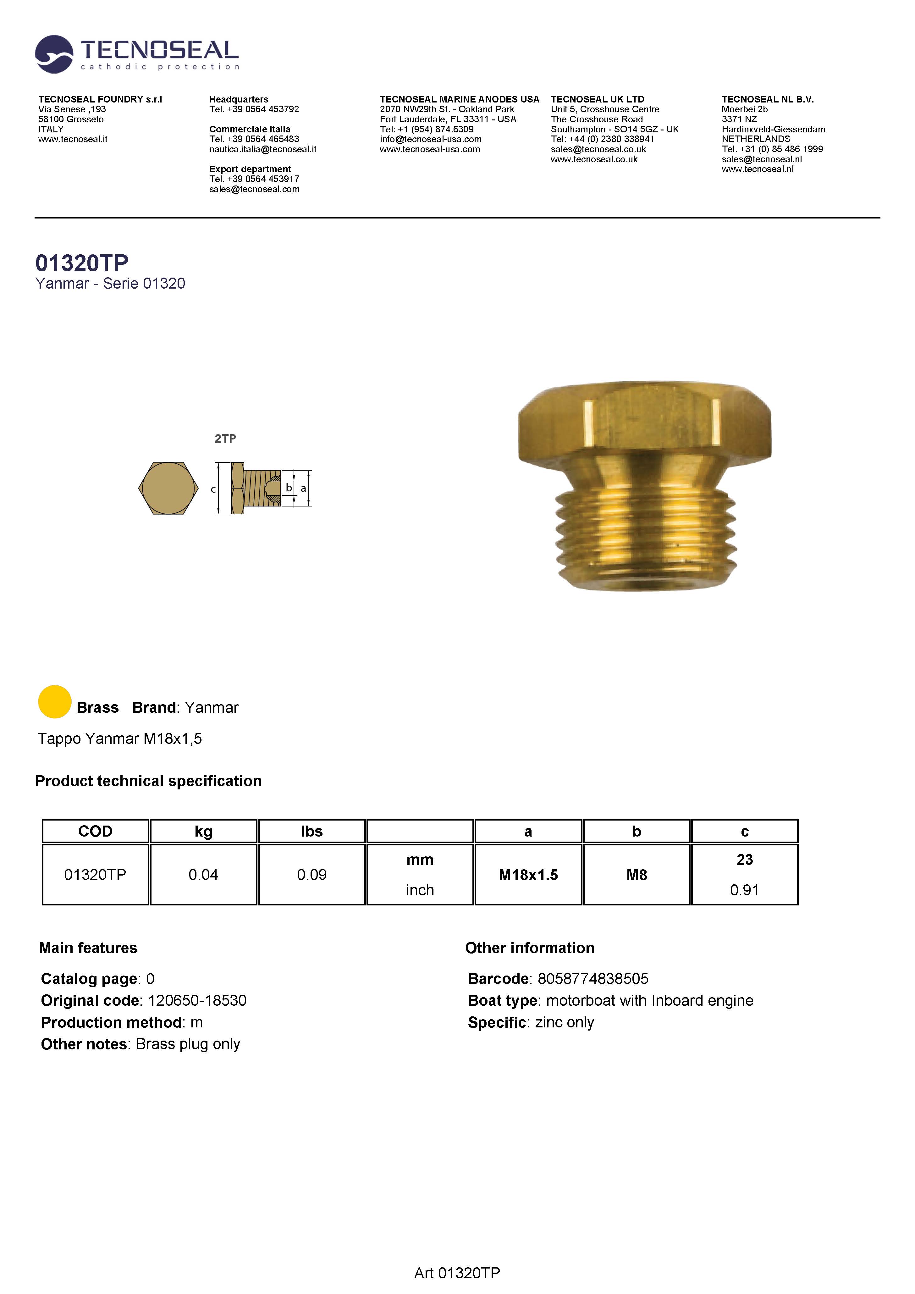 Yanmar brass plug M18x1,5 - 01320tp 1 - 01320TP