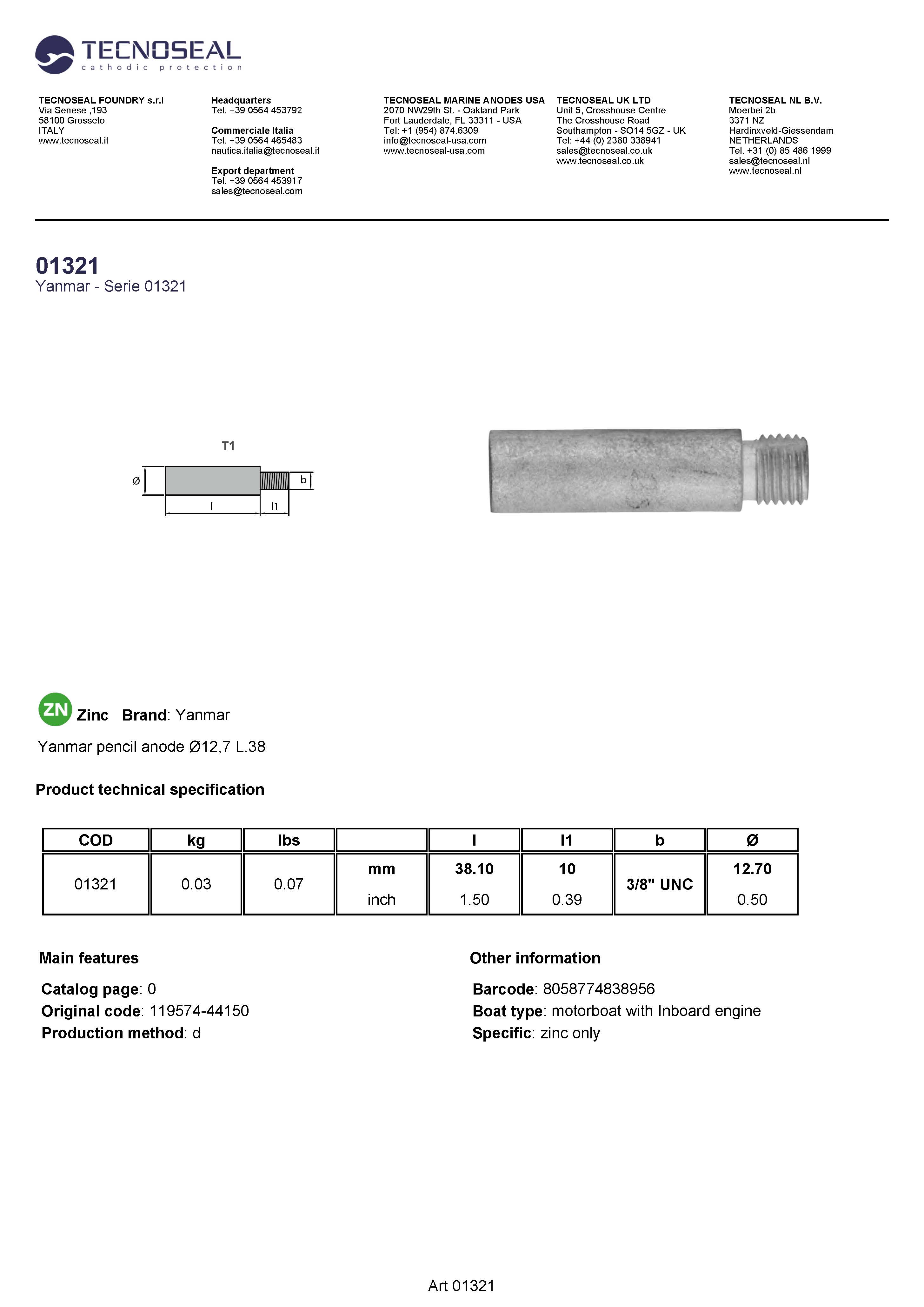 Yanmar pencil anode &Oslash;12,7 L.38 - 01321 1 - 01321