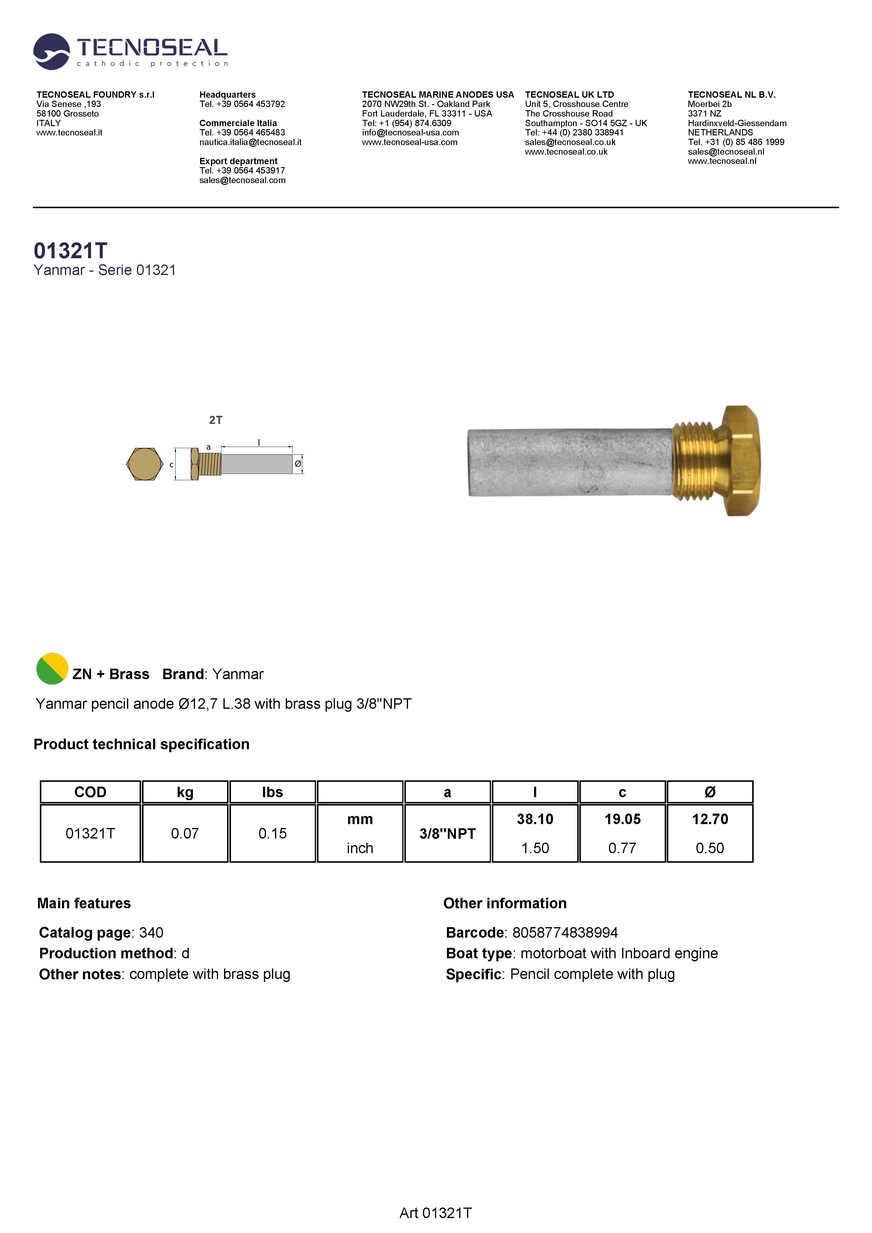 Yanmar pencil anode &Oslash;12,7 L.38 with brass plug 3/8''NPT - 01321t 1 - 01321T