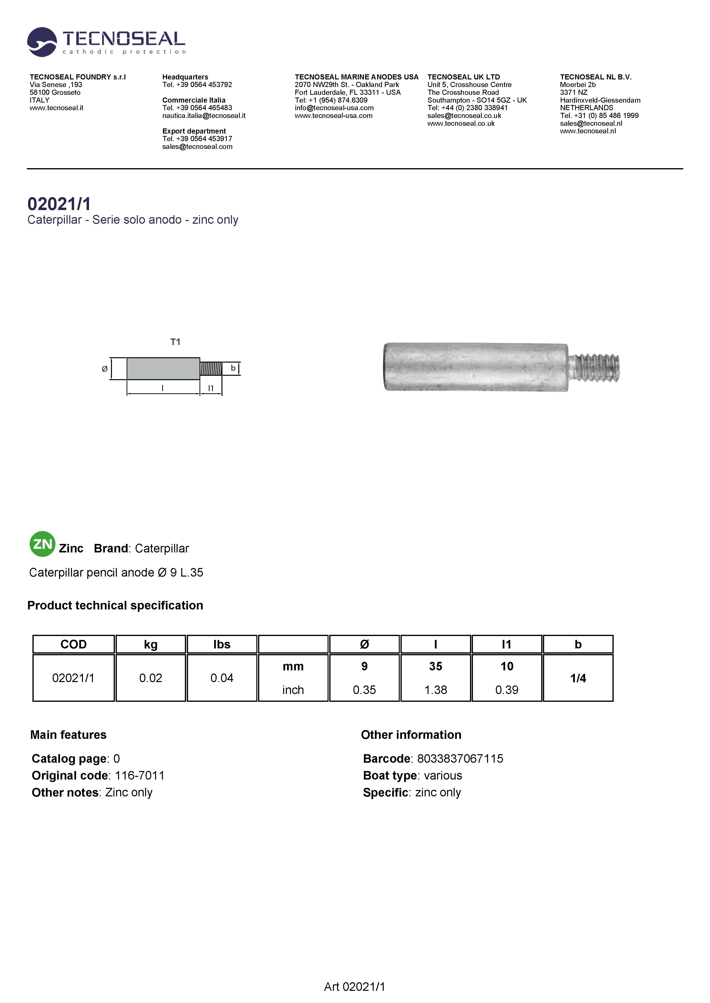 Caterpillar pencil anode &Oslash; 9 L.35 - 020211 - 02021/1
