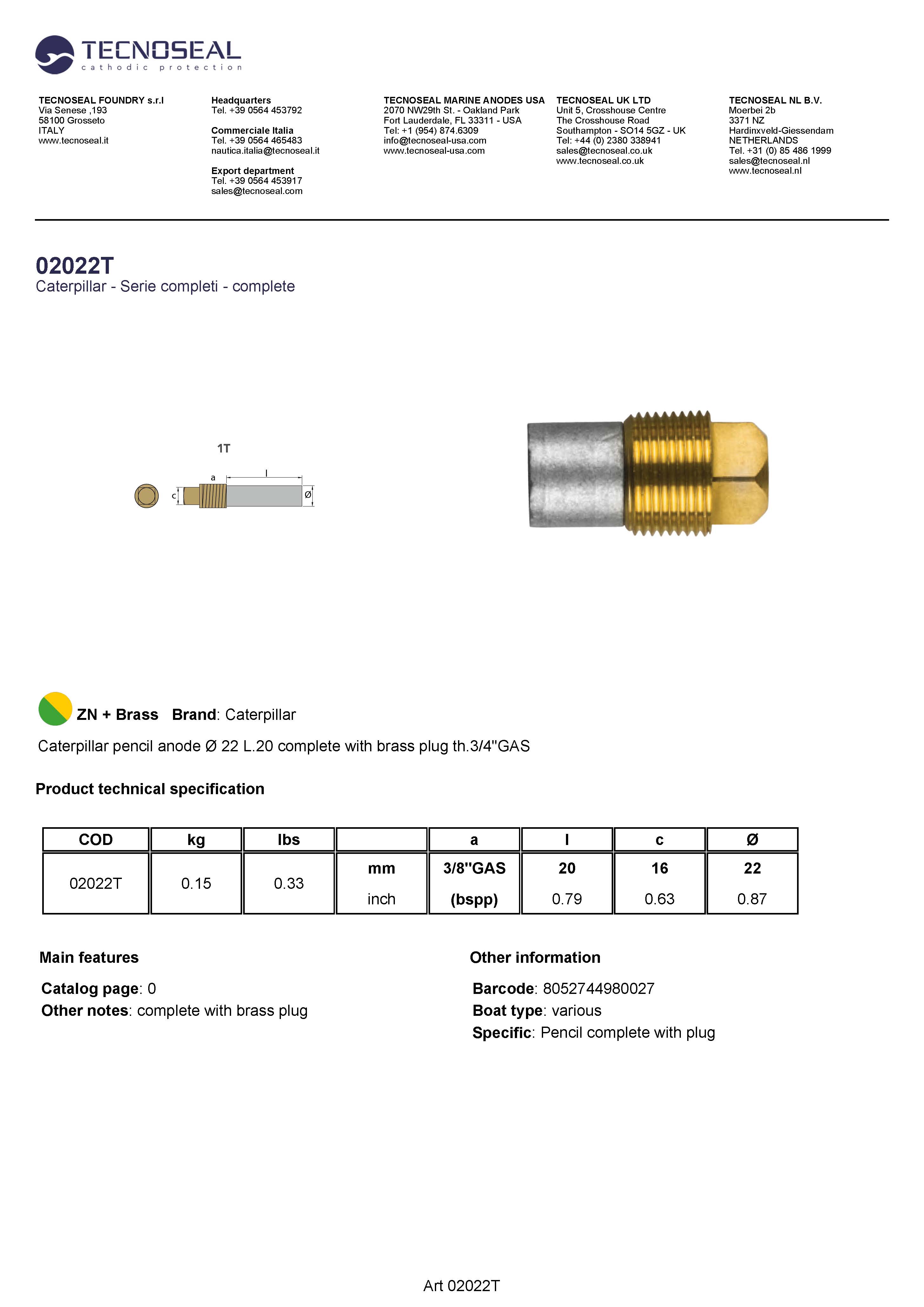 Caterpillar  pencil anode &Oslash; 22 L.20  plug th.3/4''GAS - 02022t 1 - 02022T
