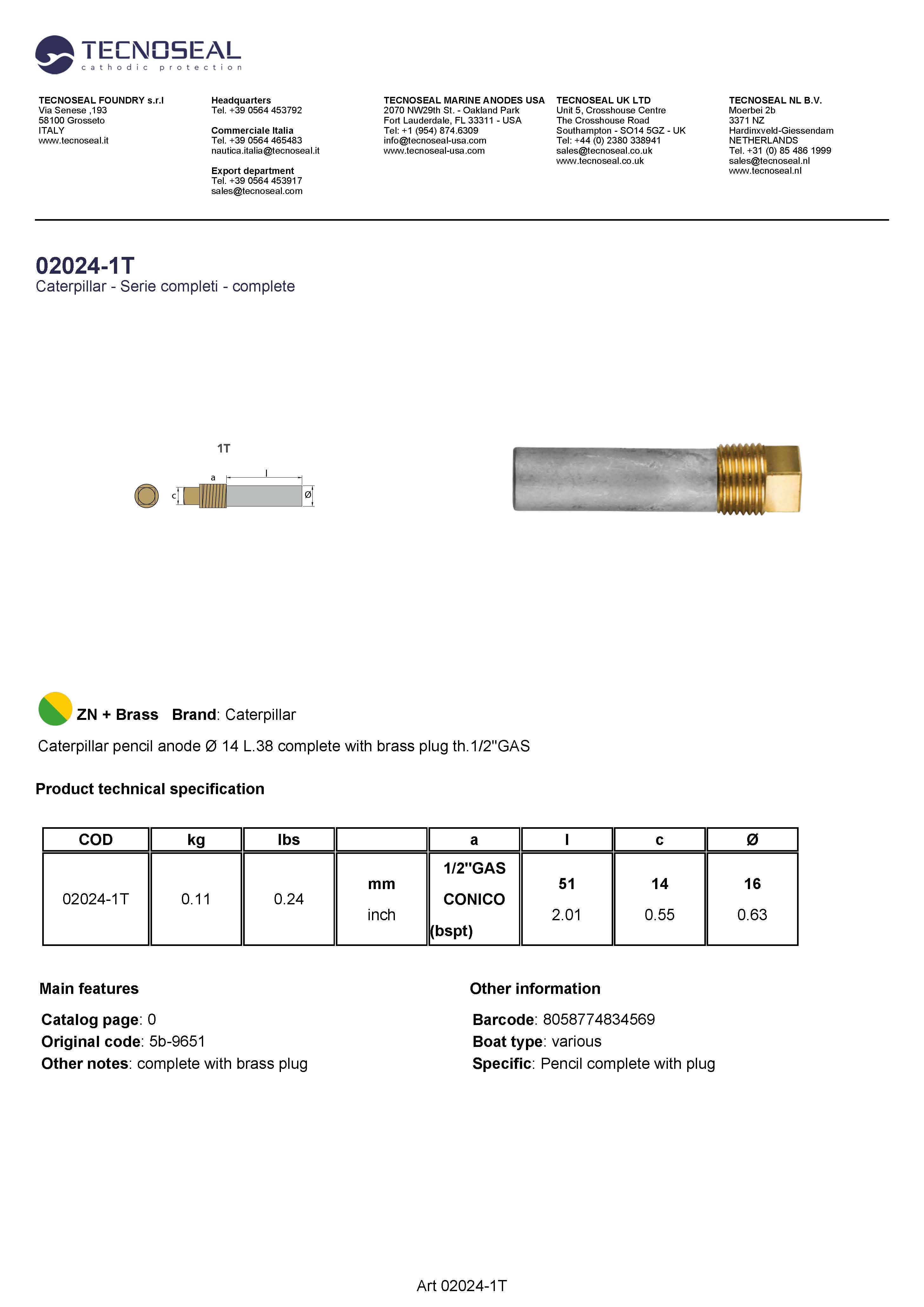 Caterpillar  pencil anode &Oslash; 14 L.38  plug th.1/2''GAS - 02024 1t 1 - 02024-1T