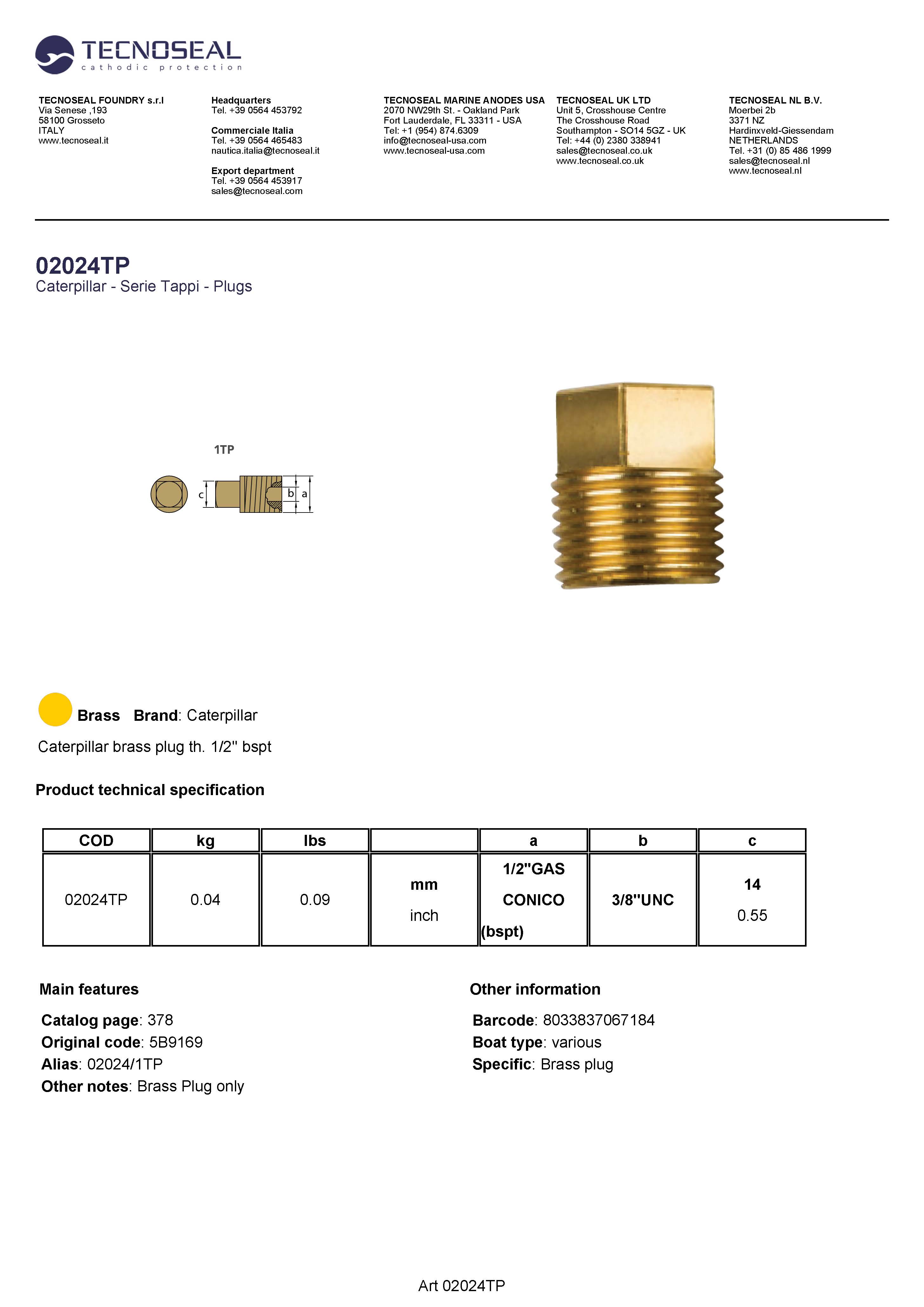 Caterpillar brass plug th. 1/2'' bspt - 02024tp 1 - 02024TP