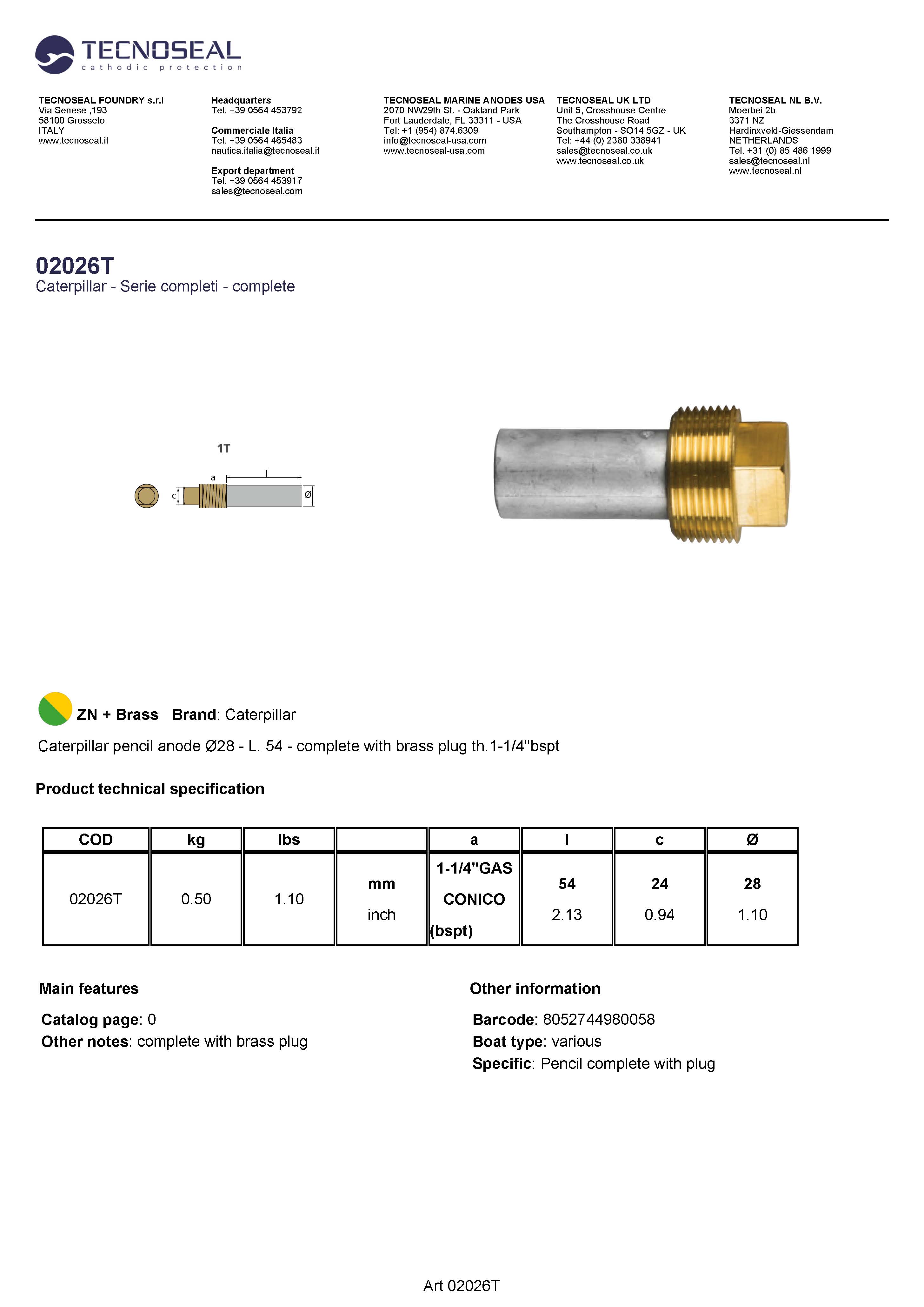 Caterpillar  pencil anode &Oslash; 28 L.55  plug th.1-1/4''bspt - 02026t 1 - 02026T
