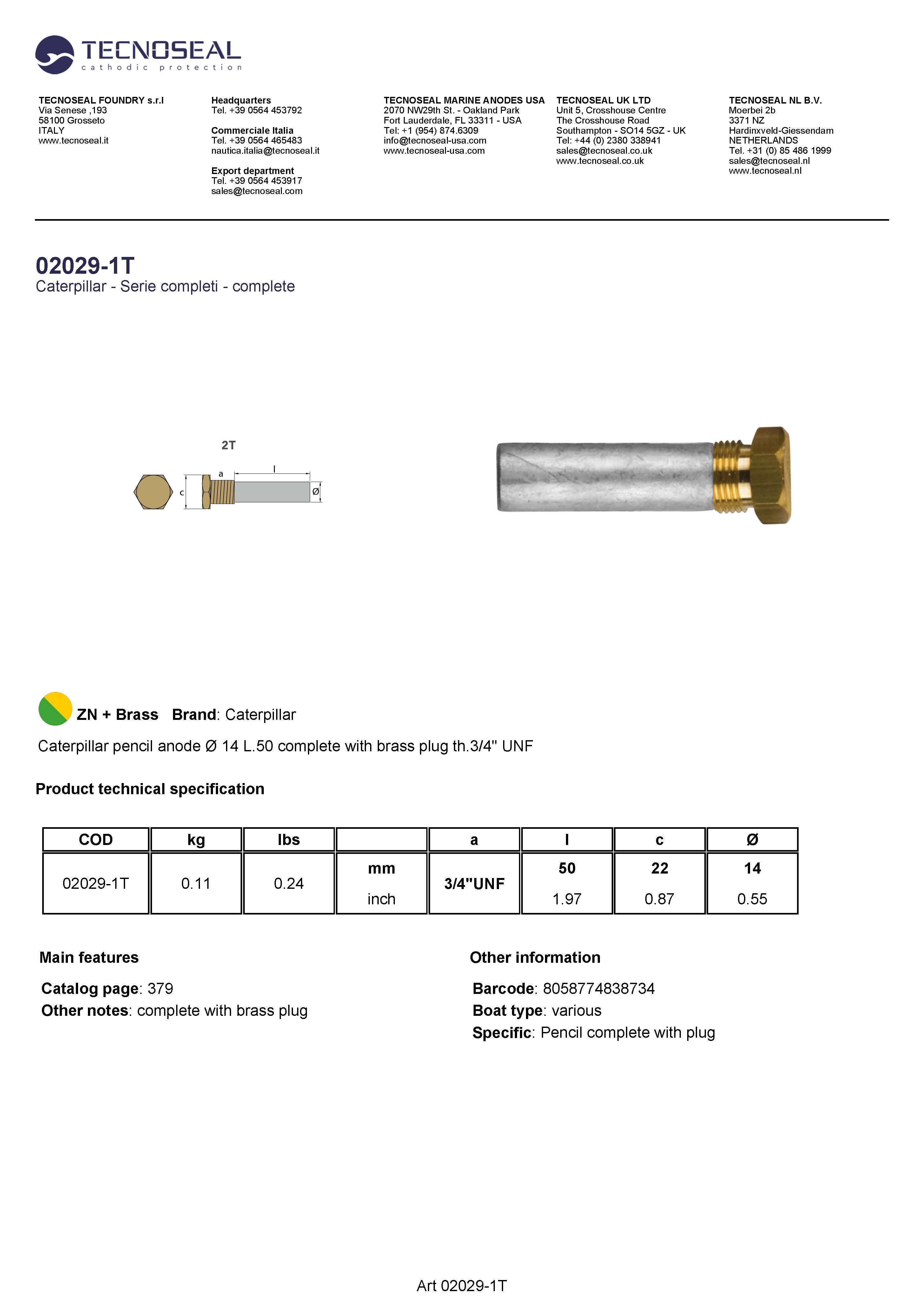 Caterpillar pencil anode &Oslash; 14 L.50  plug th.3/4'' UNF - 02029 1t 1 - 02029-1T