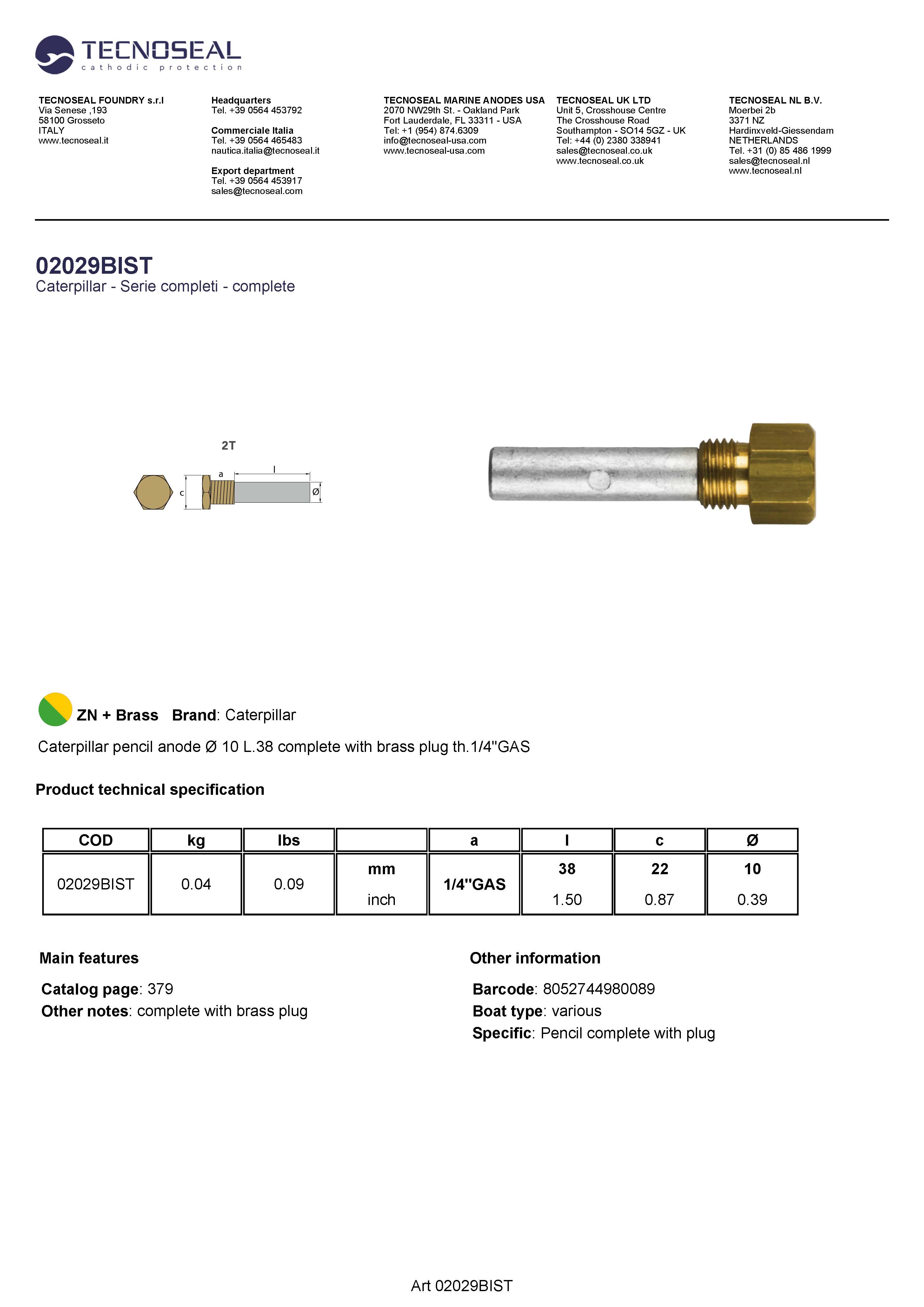 Caterpillar  pencil anode &Oslash; 10 L.38  plug th.1/4''GAS - 02029bist 1 - 02029BIST