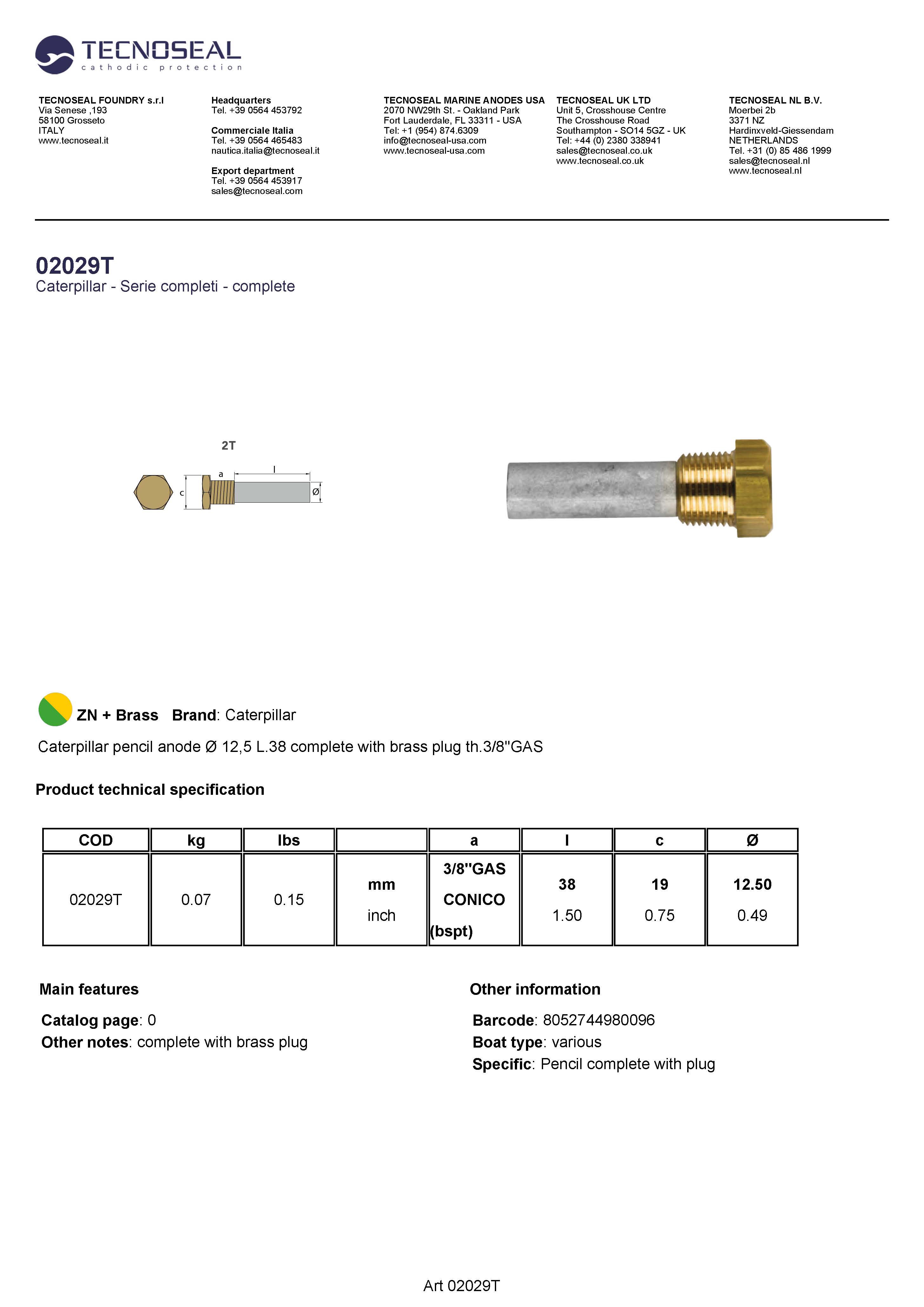 Caterpillar  pencil anode &Oslash; 12,5 L.38  plug th.3/8''GAS - 02029t 1 - 02029T