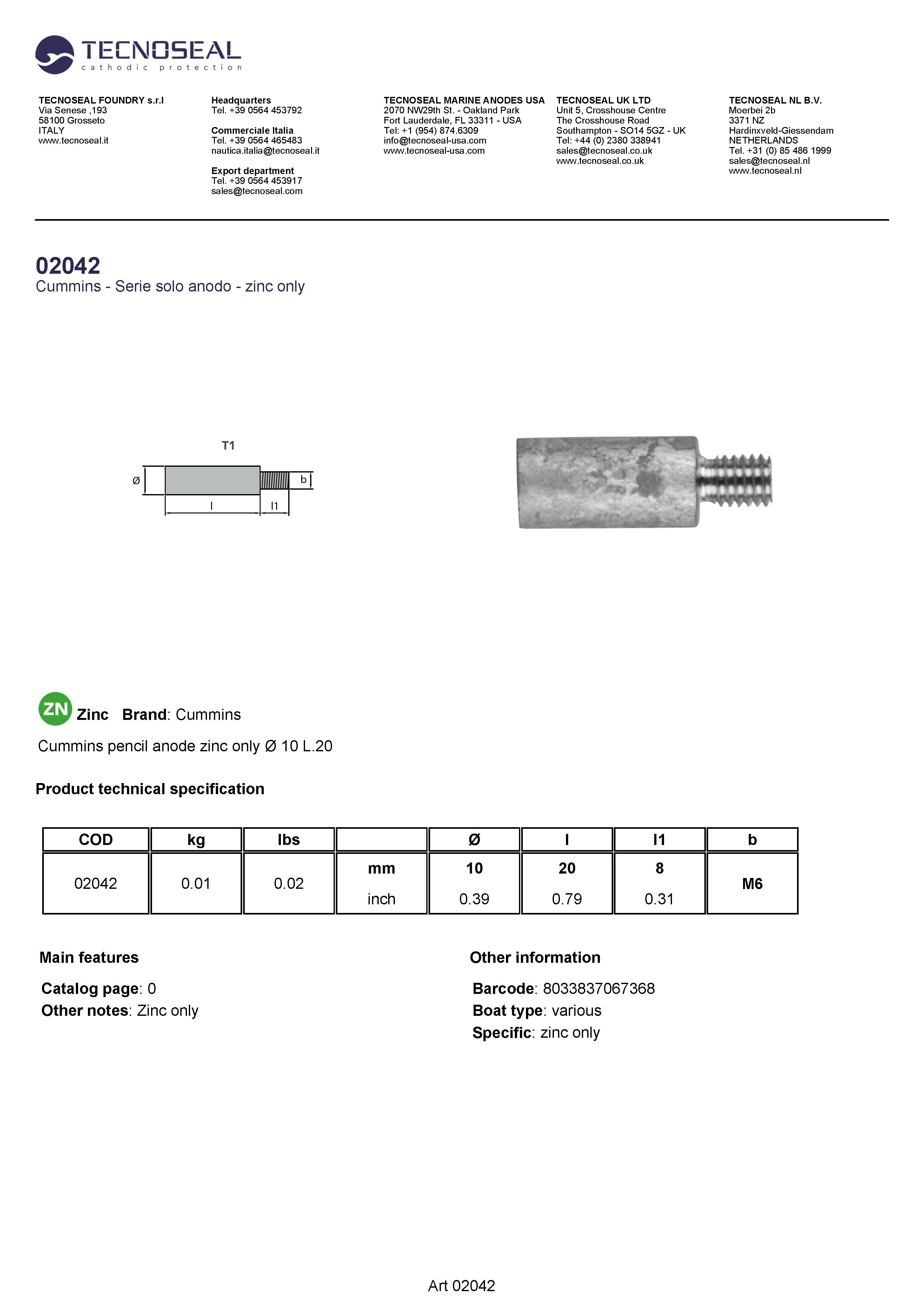 Cummins pencil anode zinc only  &Oslash; 10 L.20 - 02042 1 - 02042