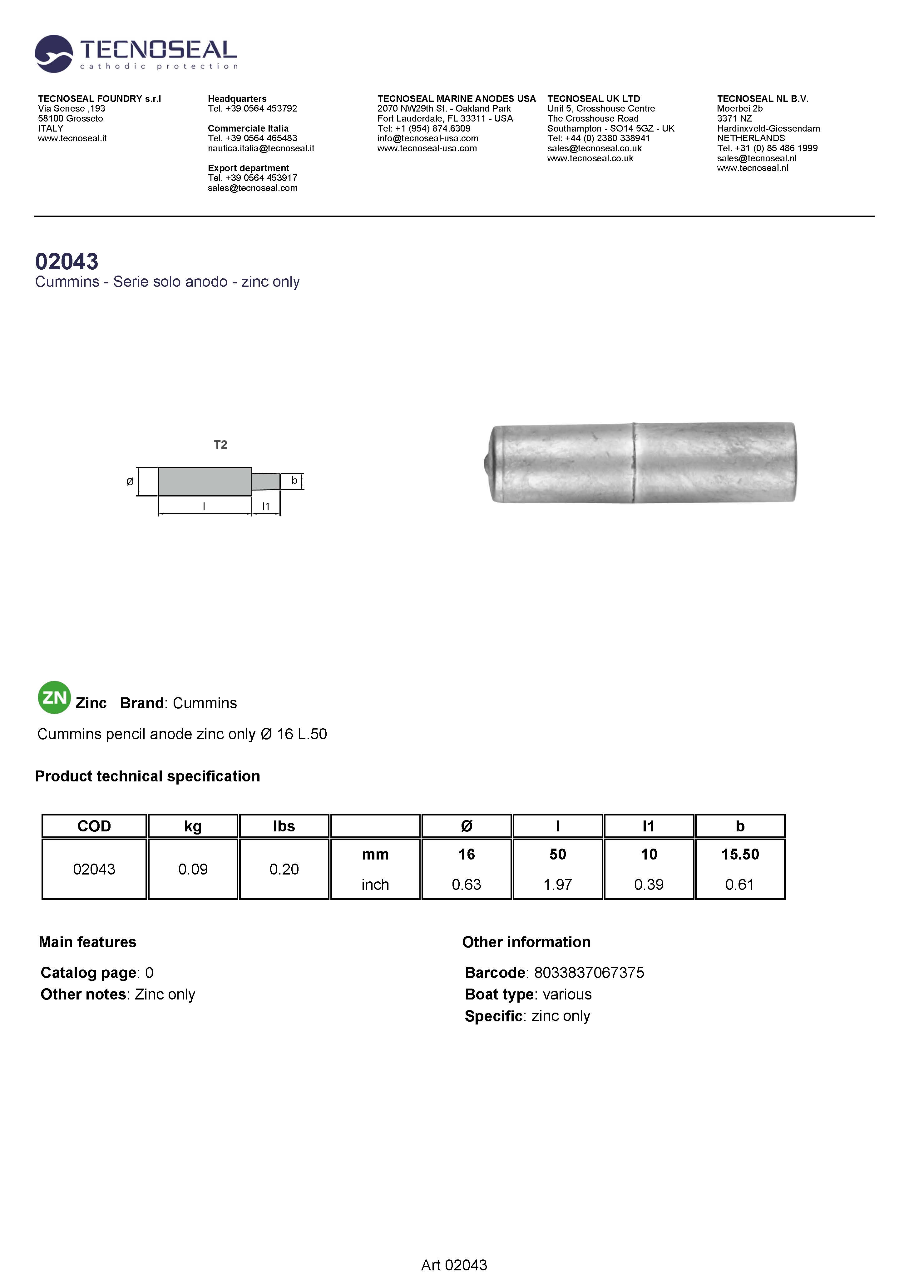 Cummins pencil anode zinc only  &Oslash; 16 L.50 - 02043 1 - 02043