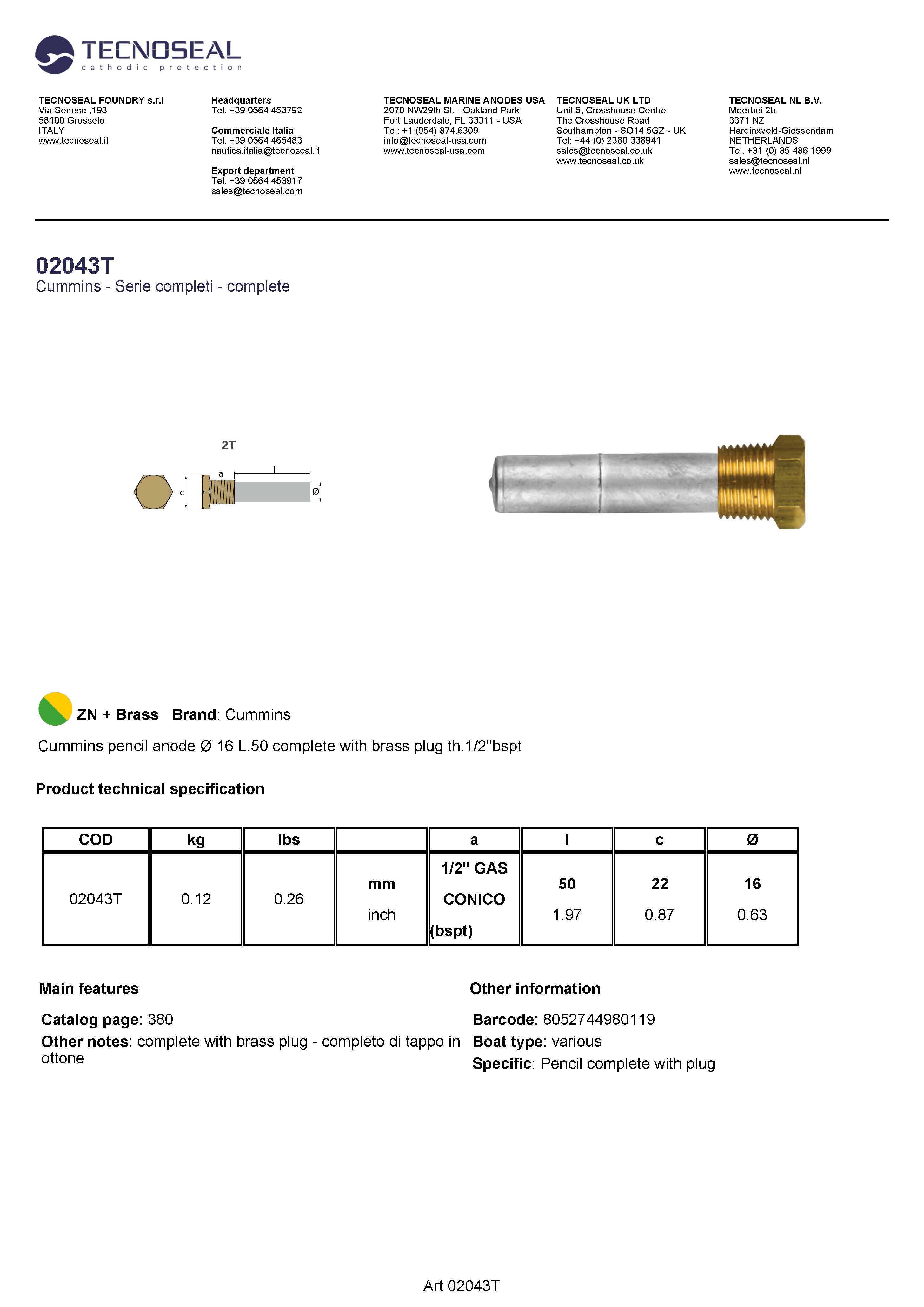 Cummins pencil anode &Oslash; 16 L.50 complete  plug th.1/2''bspt - 02043t 1 - 02043T