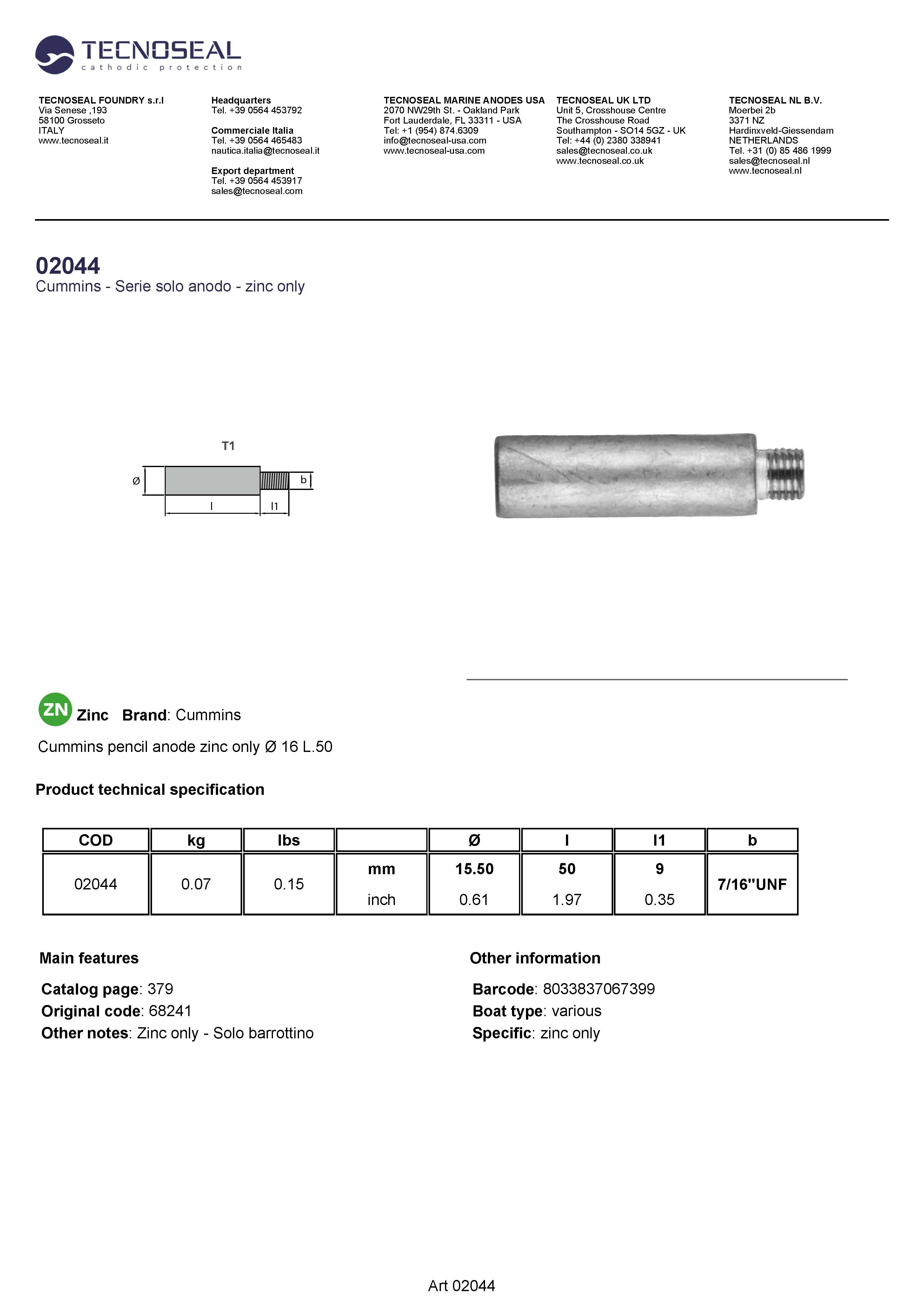 Cummins pencil anode zinc only  &Oslash; 16 L.50 - 02044 1 - 02044