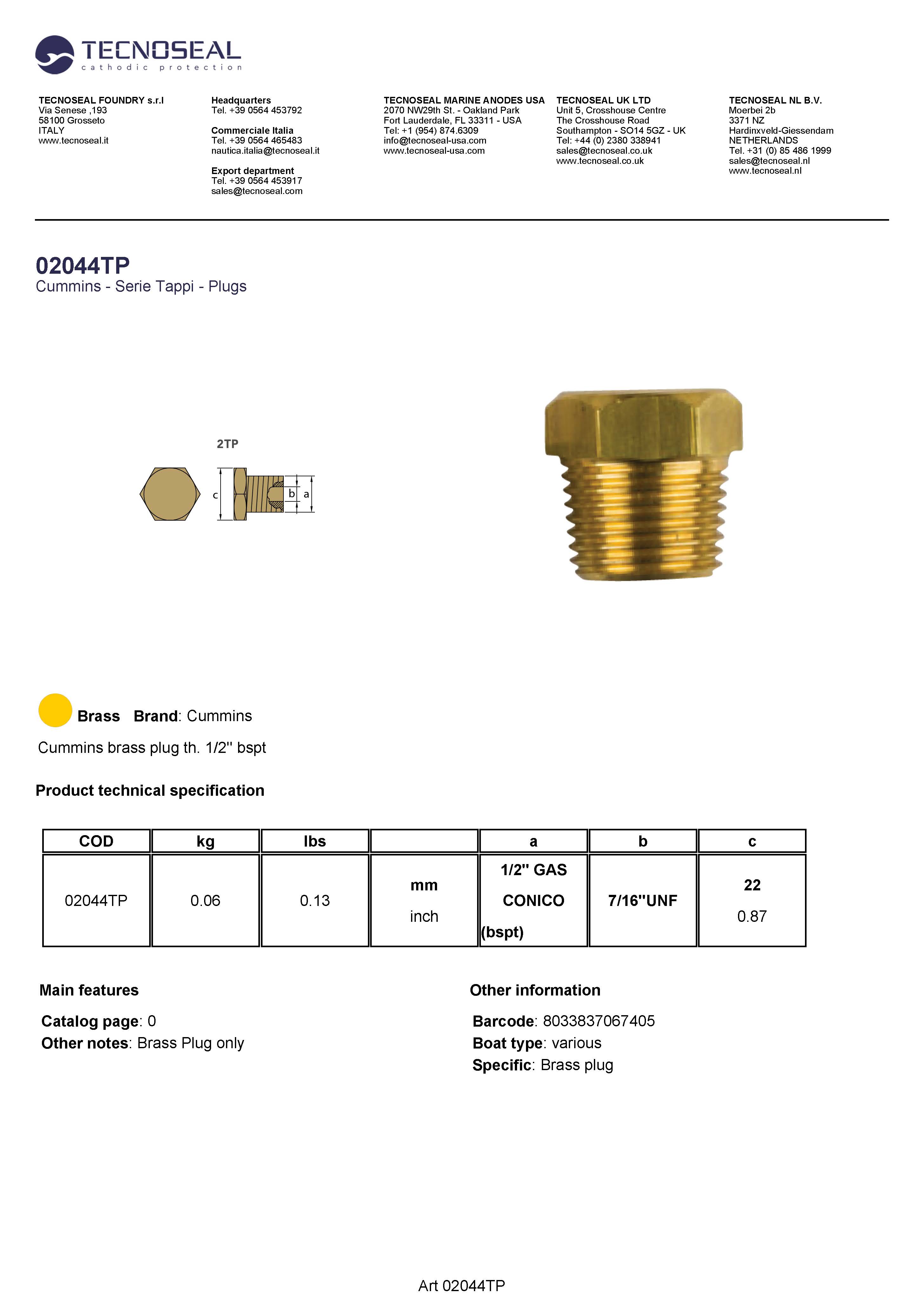 Cummins brass plug th. 1/2'' bspt - 02044tp 1 - 02044TP