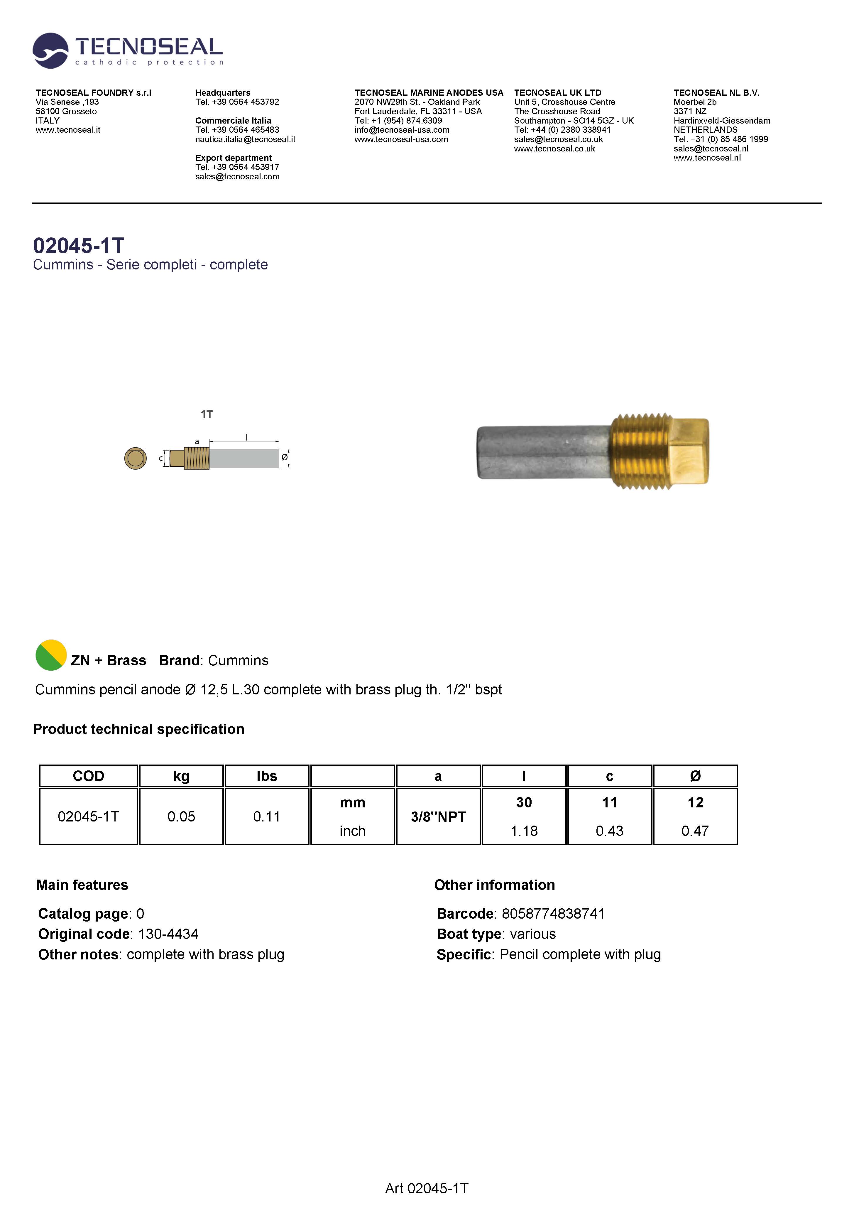 Cummins pencil anode &Oslash; 12,5 L.30  plug th. 1/2'' bspt - 02045 1t 1 - 02045-1T