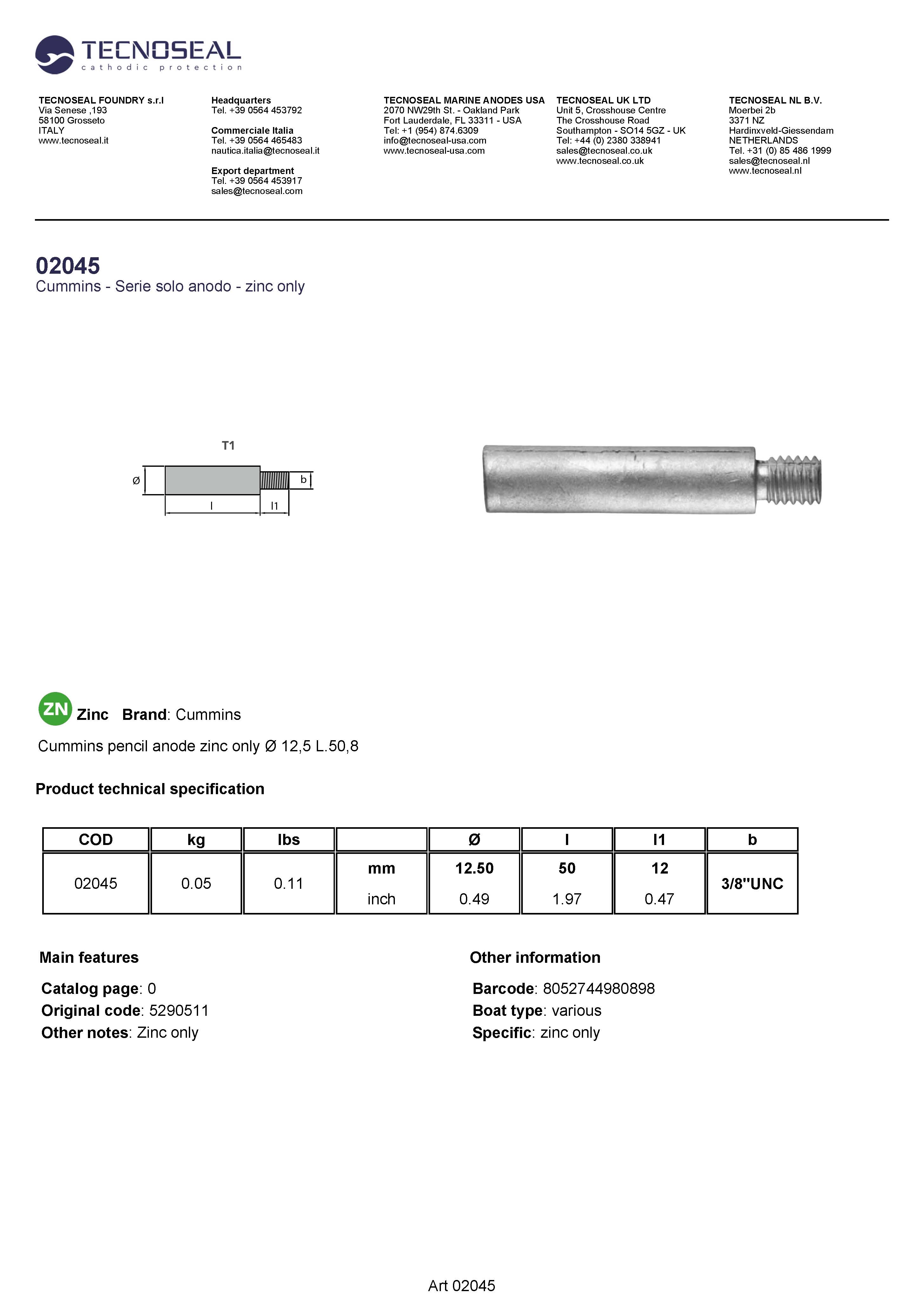 Cummins pencil anode zinc only   &Oslash; 12,5 L.50,8 - 02045 3 - 02045