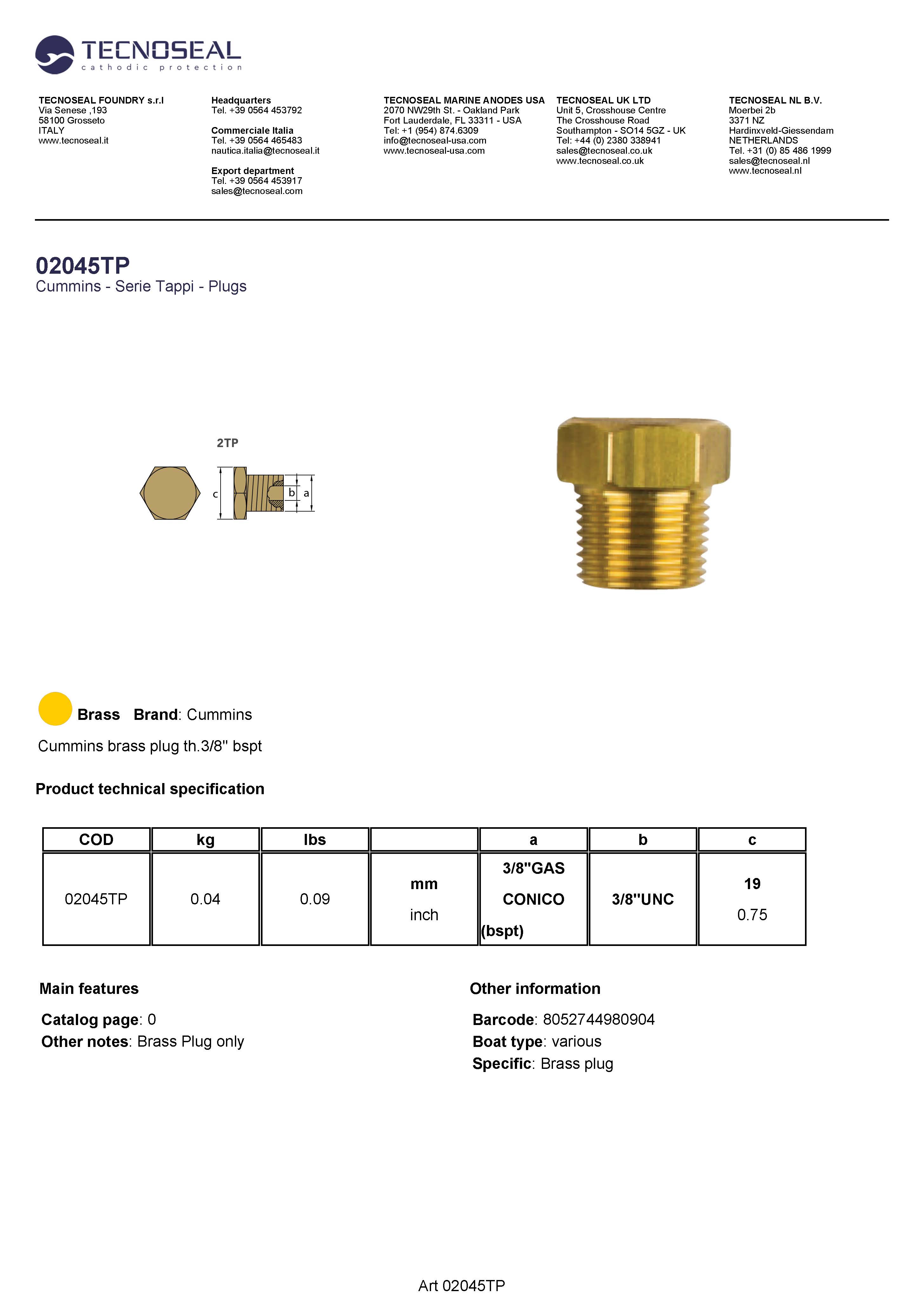 Cummins brass plug th.3/8'' bspt - 02045tp 1 - 02045TP
