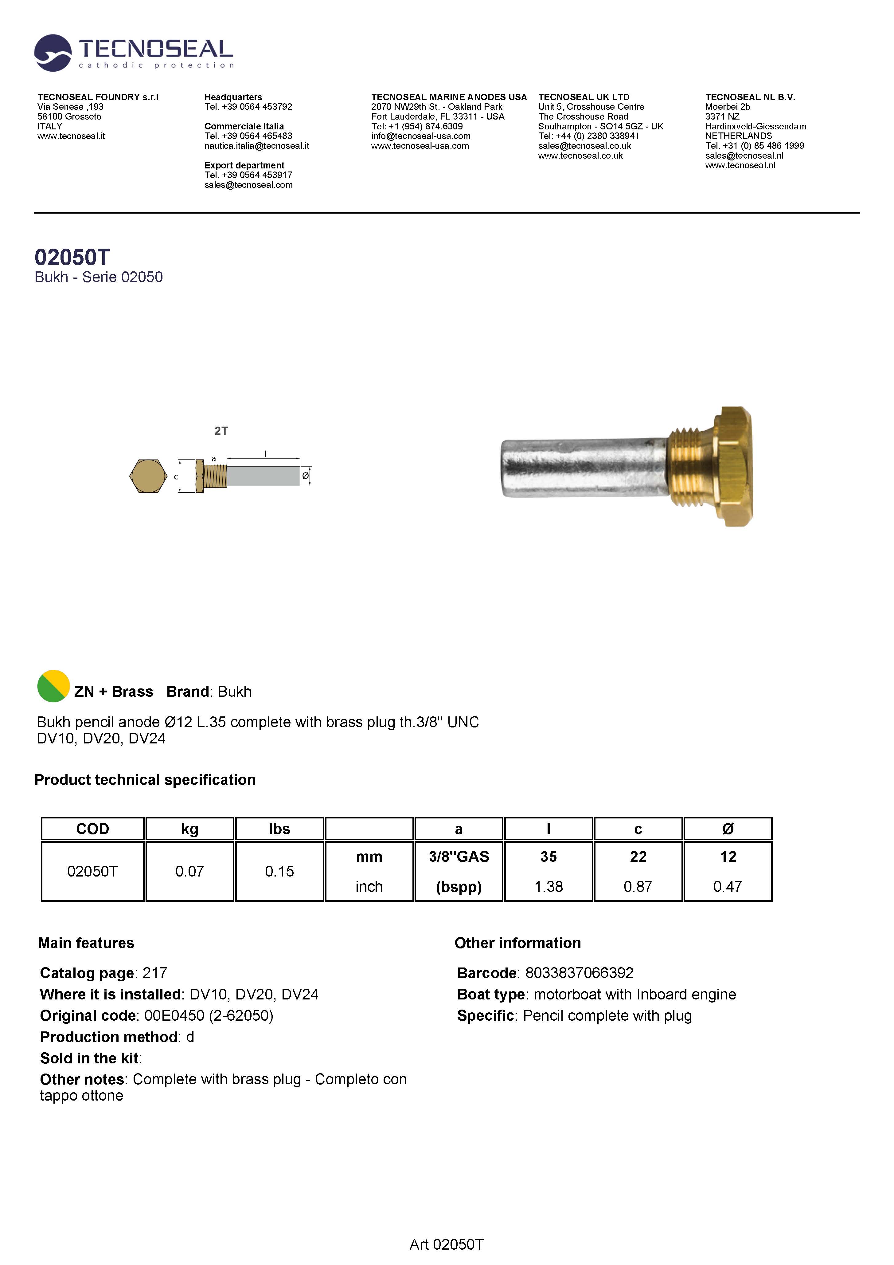 Bukh pencil anode &Oslash;12 L.35 complete  plug th.3/8'' GAS (bsp) - 02050t 1 - 02050T