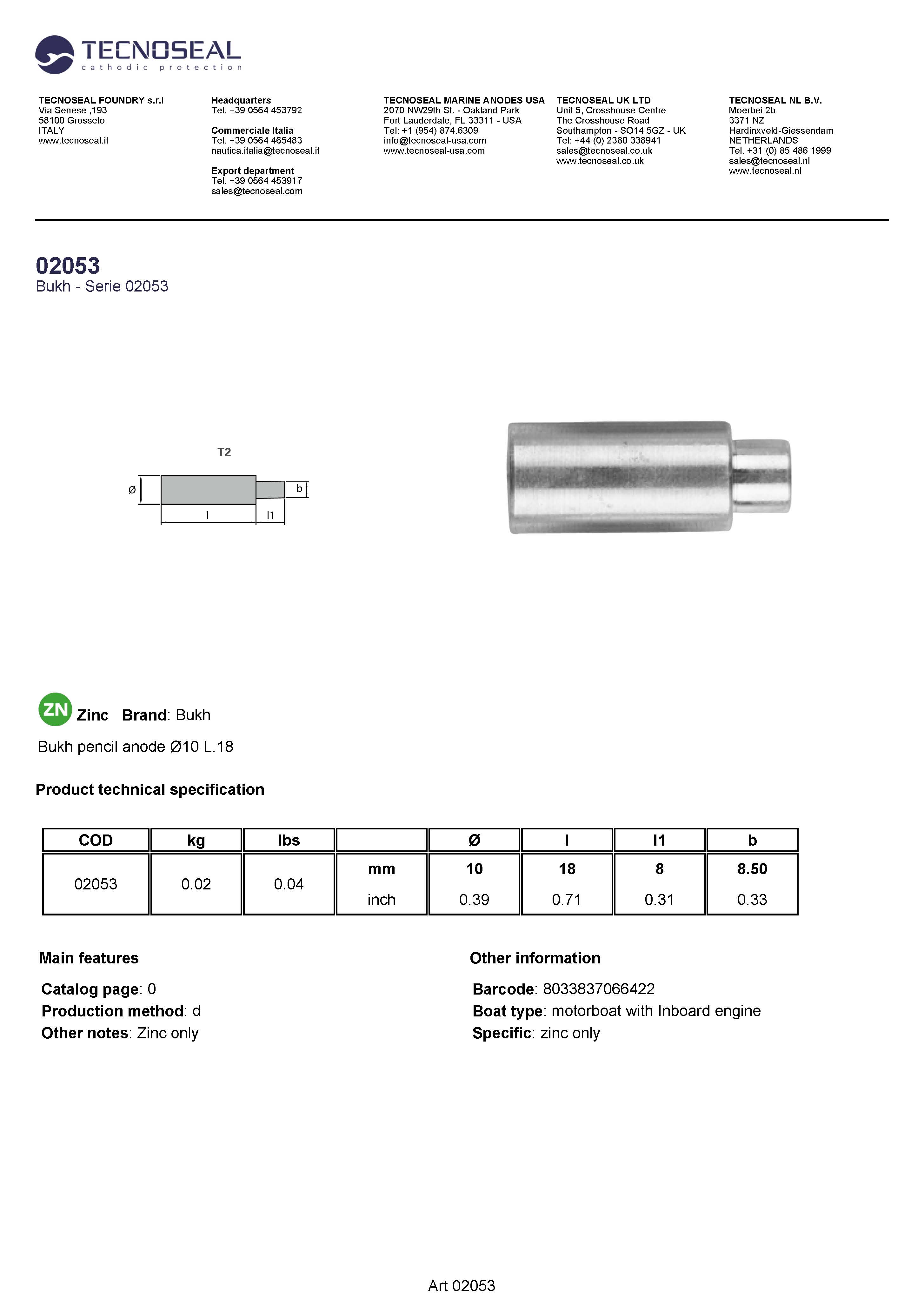 Bukh pencil anode &Oslash;10 L.18 - 02053 1 - 02053