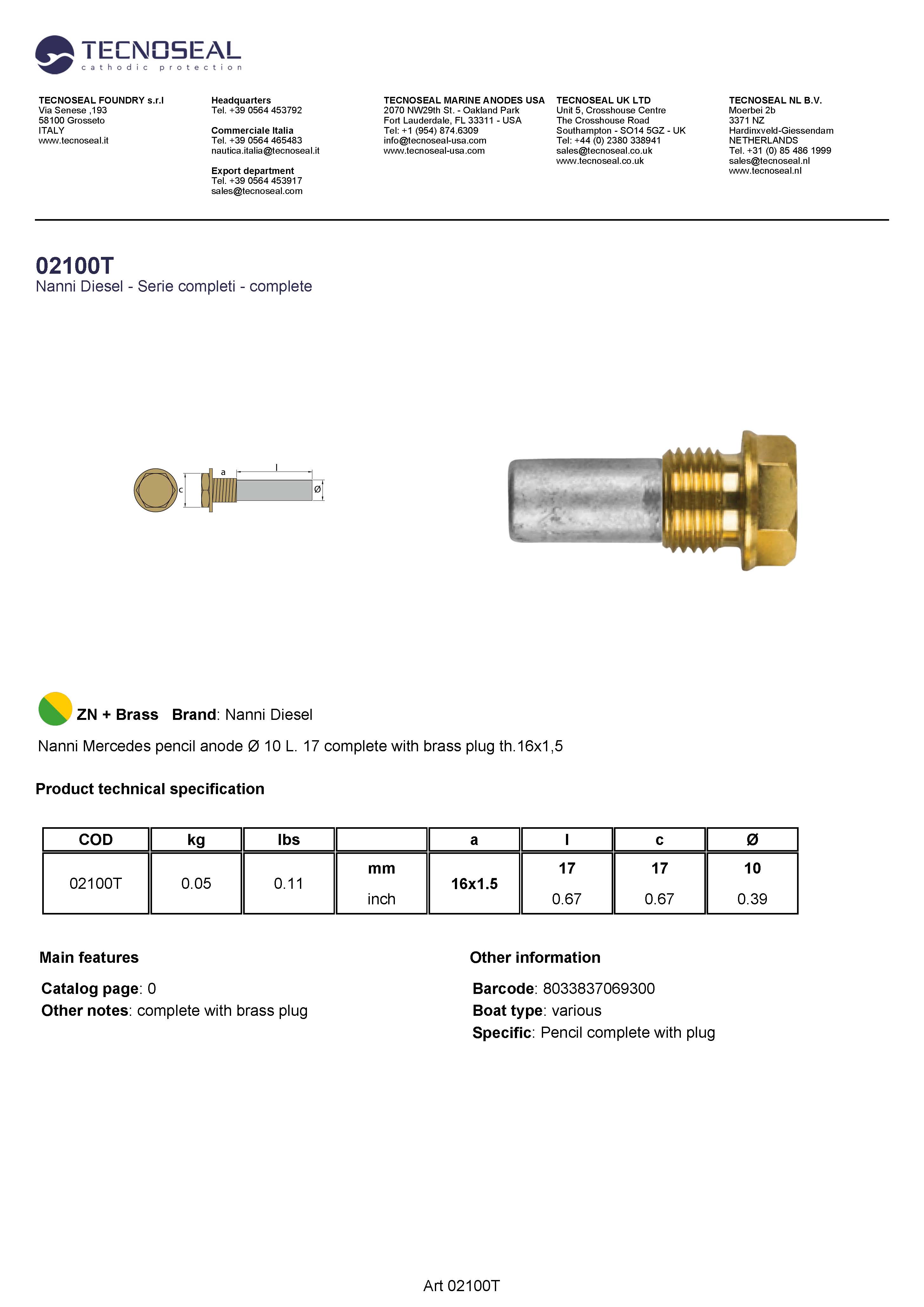 Nanni Mercedes pencil anode &Oslash; 10 L. 17  plug th.16x1,5 - 02100t 1 - 02100T