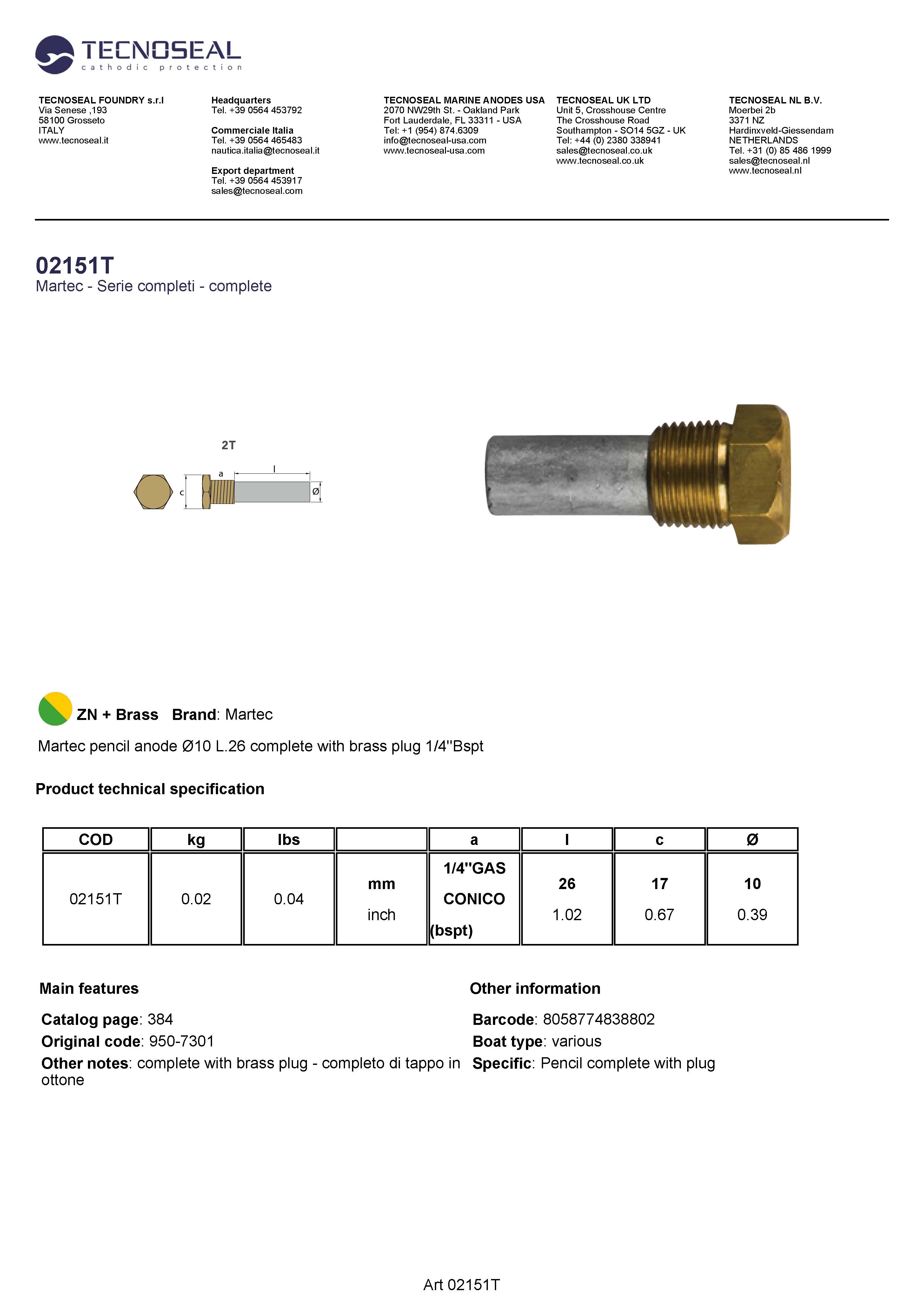 Martec pencil anode &Oslash;10 L.26 plug 1/4''Bspt - 02151t 1 - 02151T
