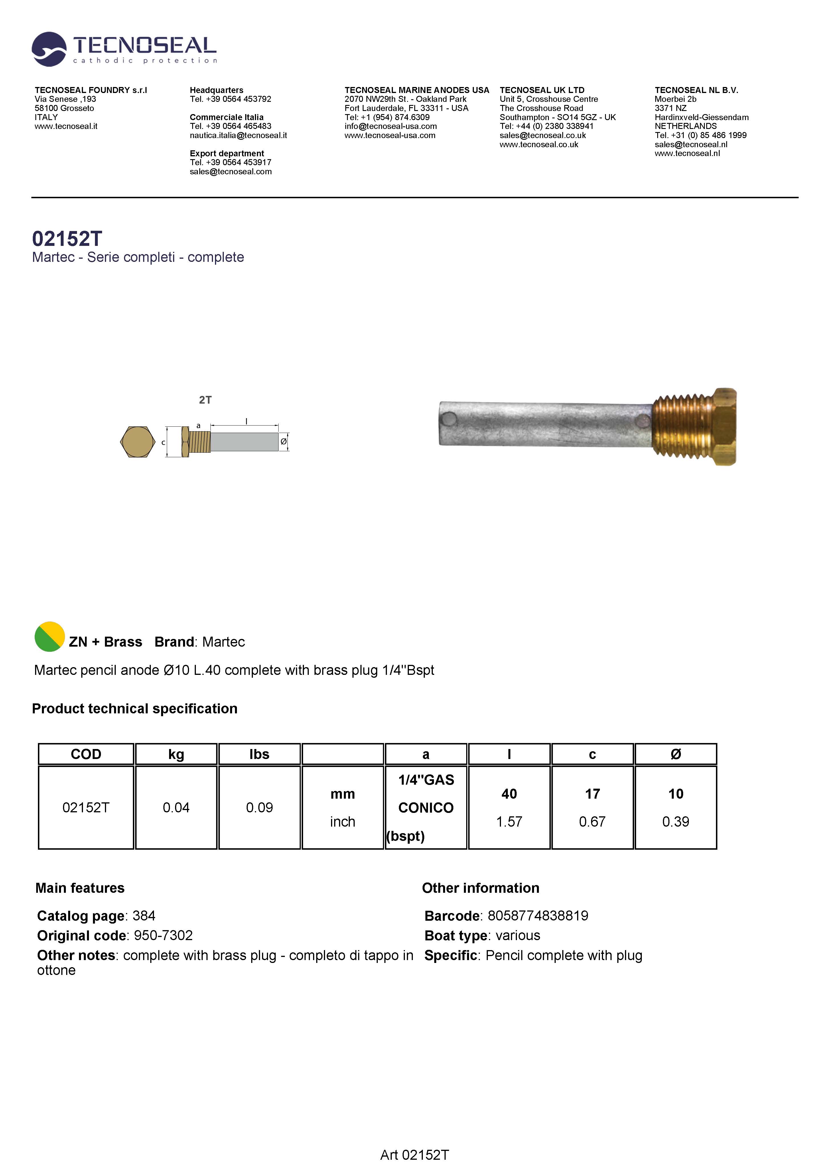 Martec pencil anode &Oslash;10 L.40 plug 1/4''Bspt - 02152t 1 - 02152T
