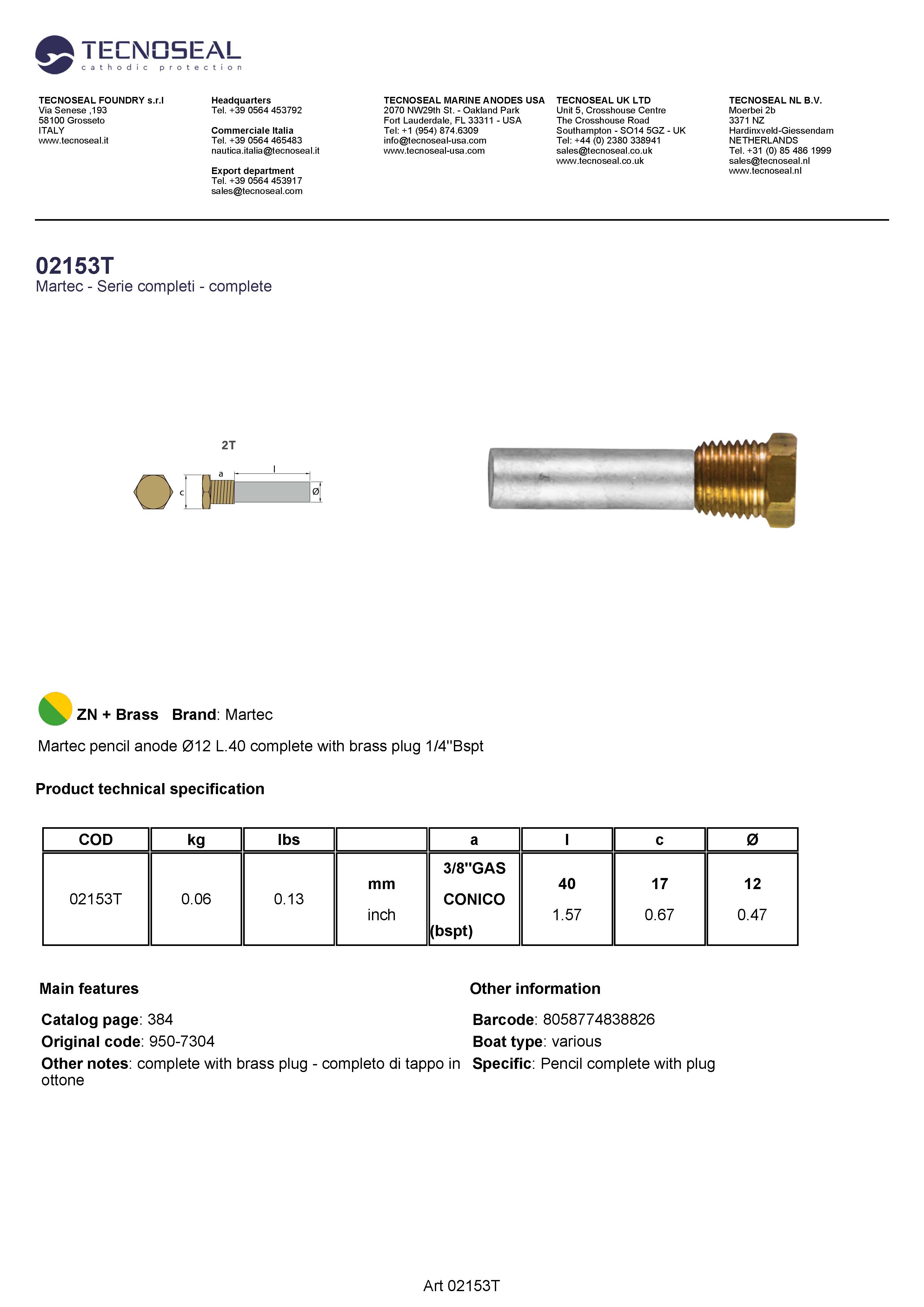 Martec pencil anode &Oslash;12 L.40 plug 1/4''Bspt - 02153t 1 - 02153T