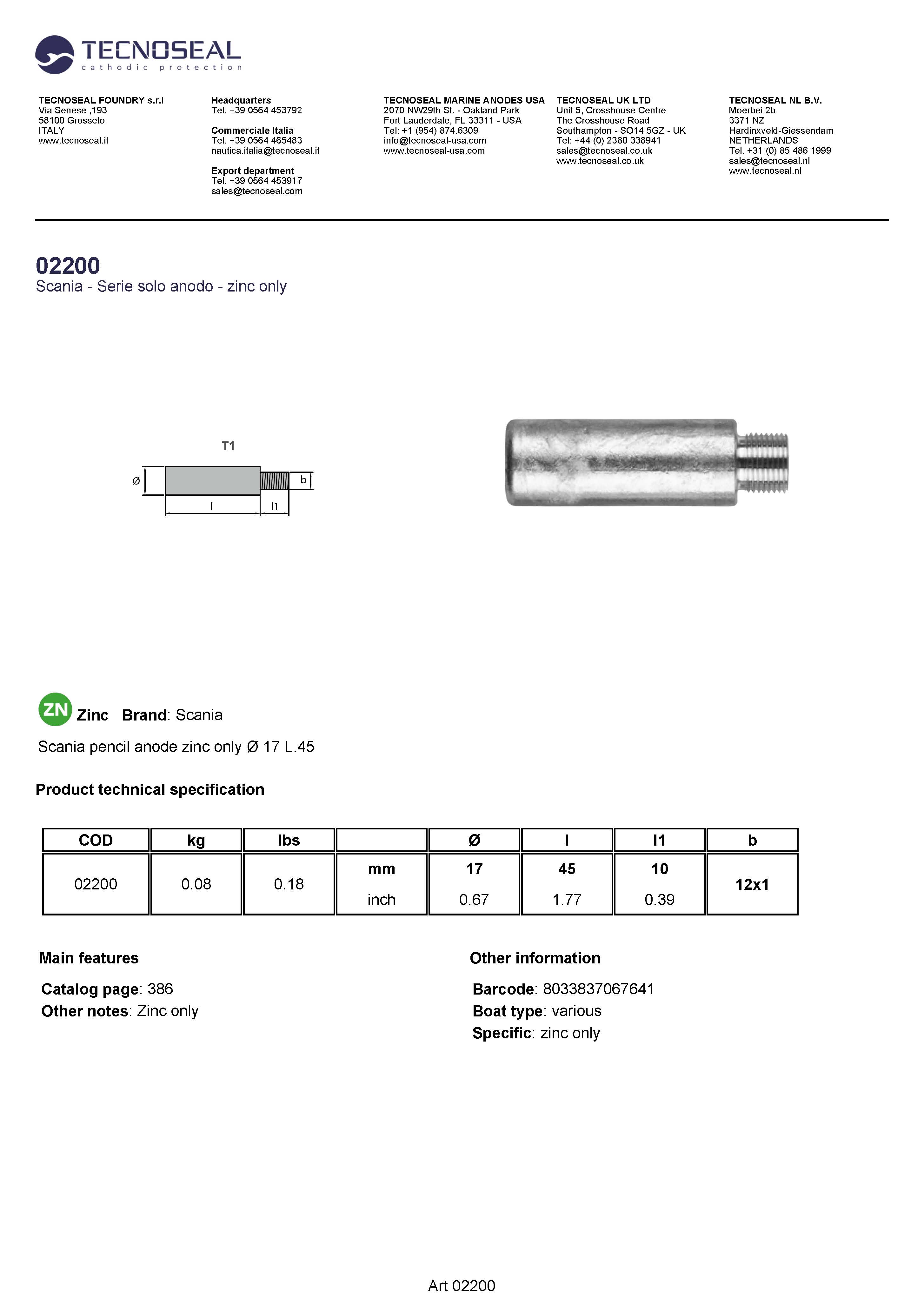 Scania pencil anode zinc only  &Oslash; 17 L.45 - 02200 1 - 02200