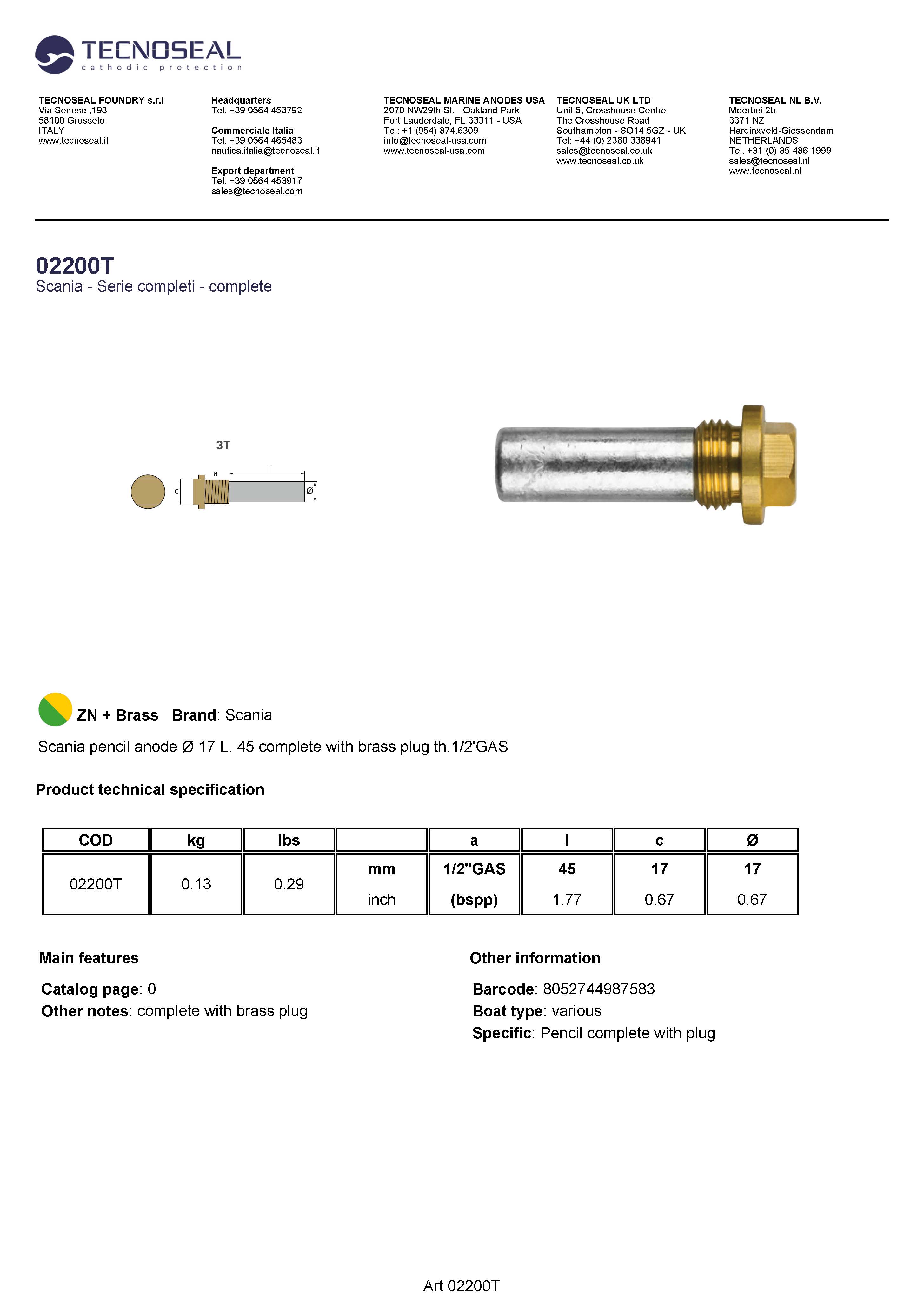 Scania pencil anode &Oslash; 17 L. 45 complete  plug th.1/2'GAS - 02200t 1 - 02200T