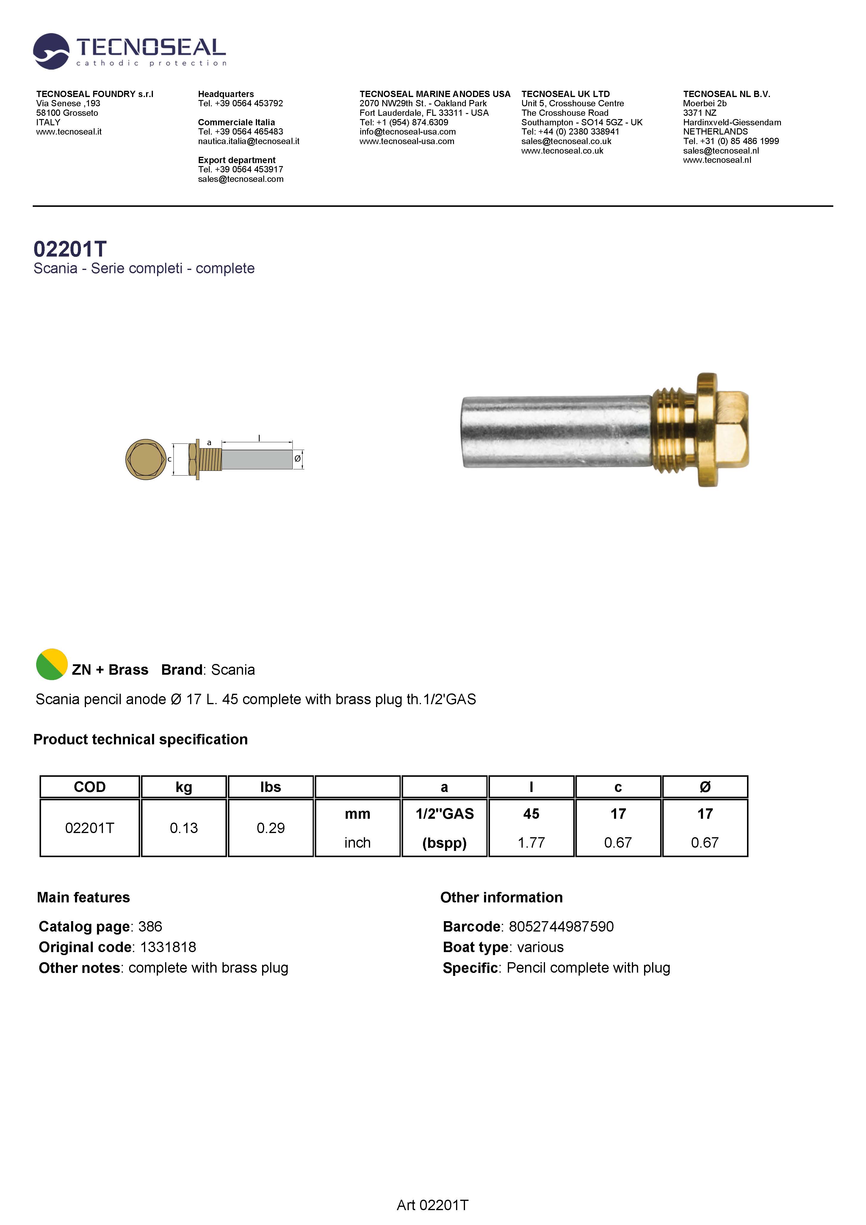 Scania pencil anode &Oslash; 17 L. 45 complete  plug th.1/2'GAS - 02201t 1 - 02201T