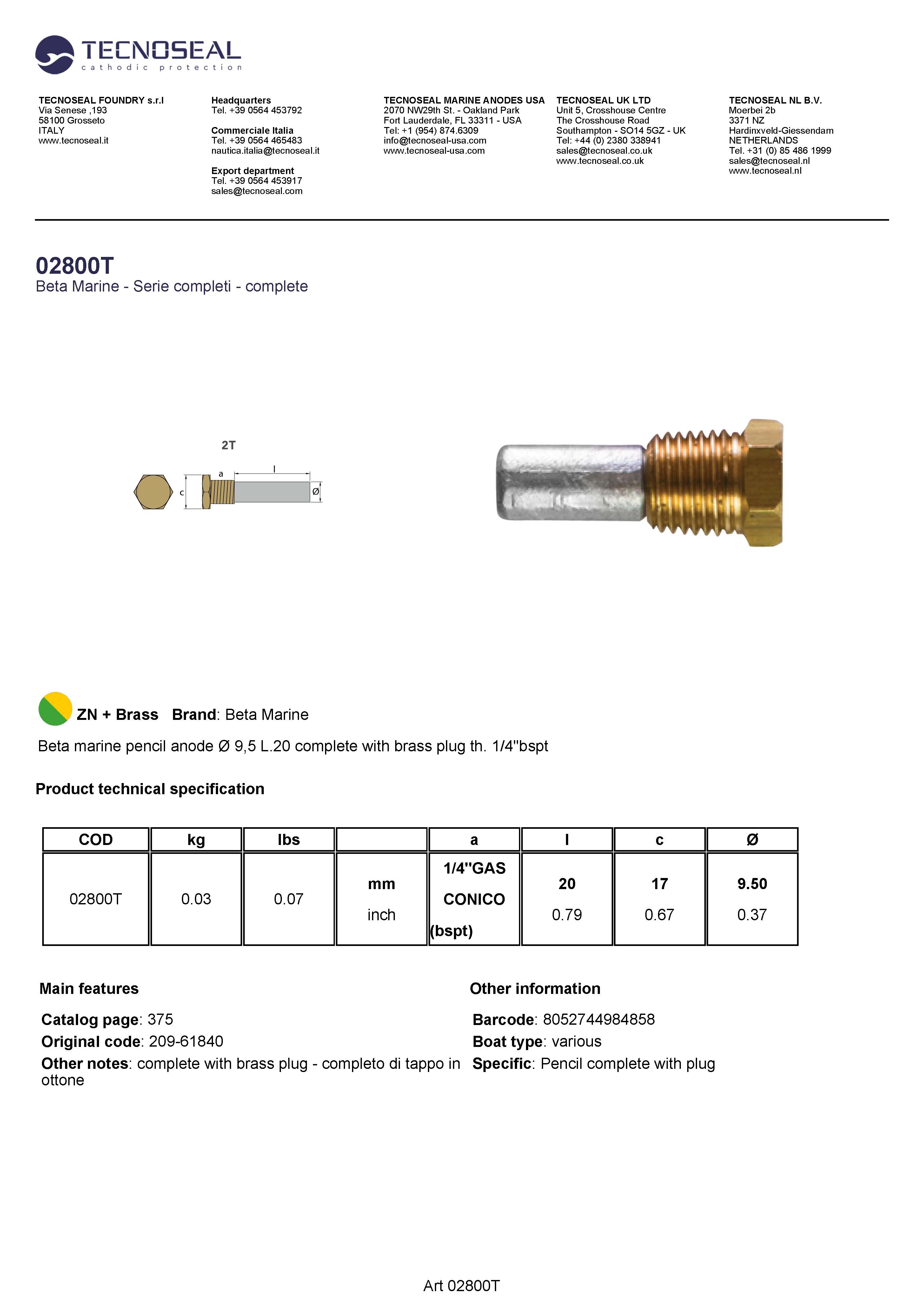 Beta marine pencil anode &Oslash; 9,5 L.20  plug th. 1/4''bspt - 02800t 1 - 02800T