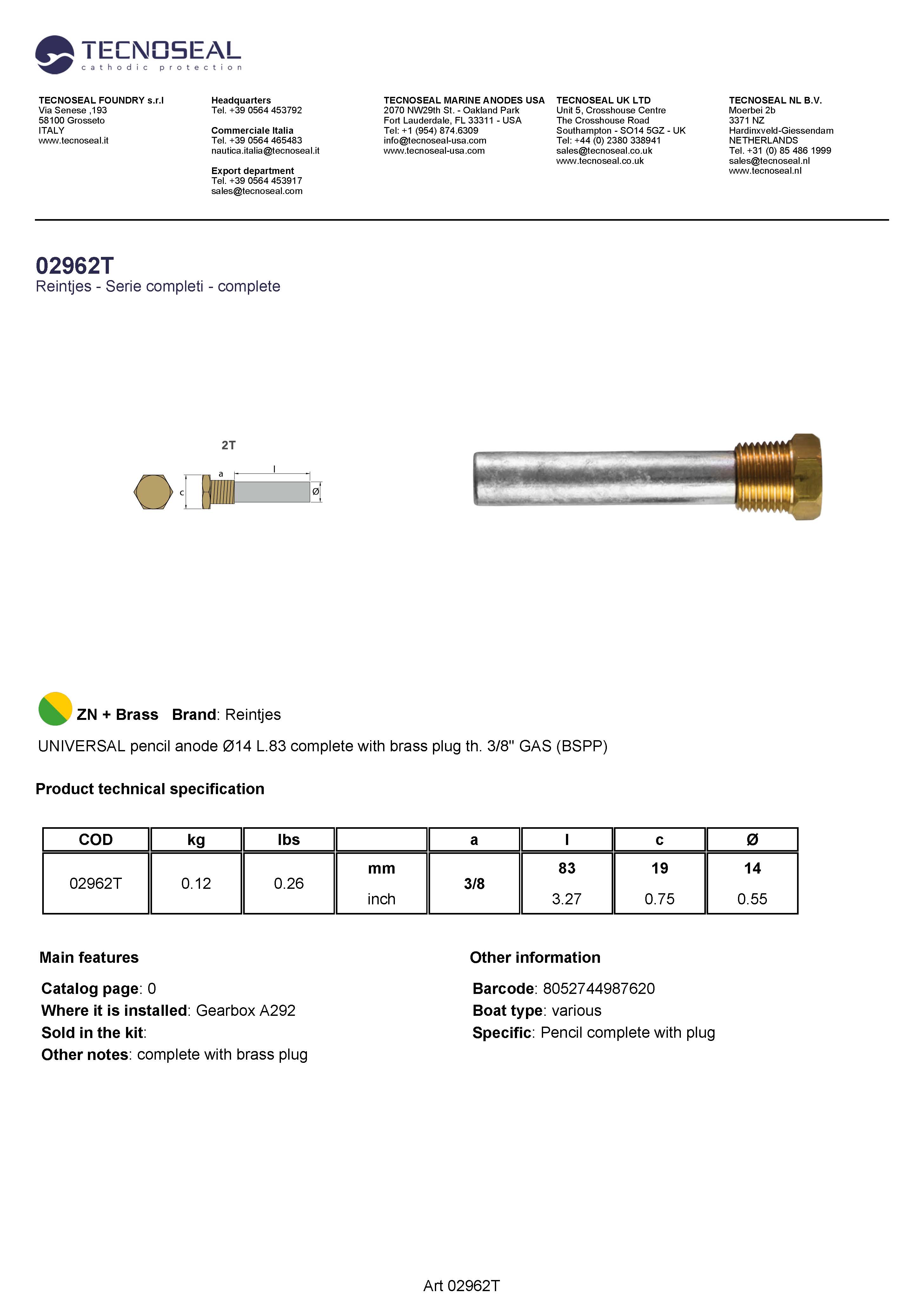 UNIVERSAL pencil anode &Oslash;14 L.83 complete  plug th.3/8'' GAS - 02962t 1 - 02962T