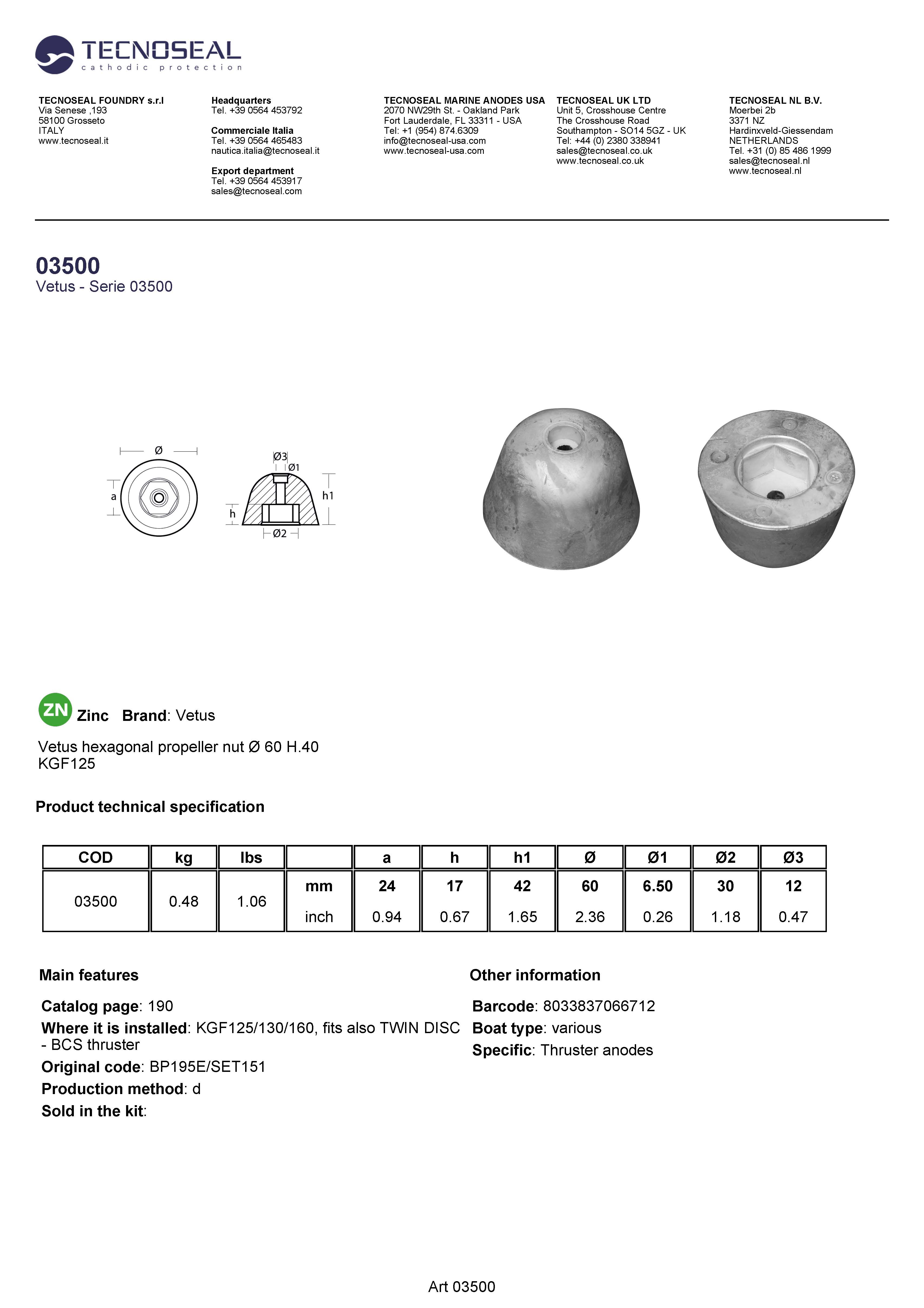 Vetus hexagonal propeller nut &Oslash; 60 H.40 - 03500 - 03500