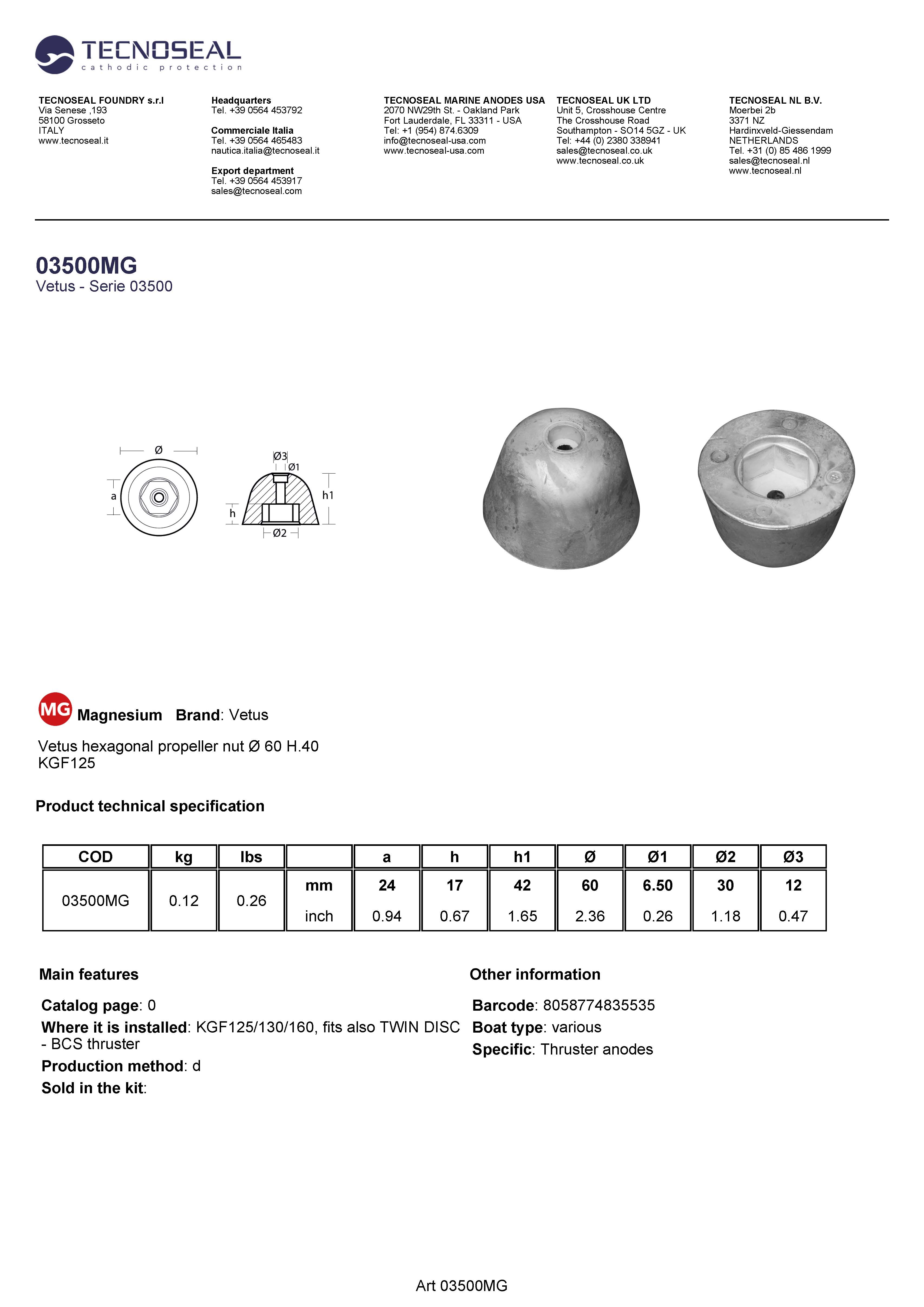 Vetus hexagonal propeller nut &Oslash; 60 H.40 - 03500mg - 03500MG
