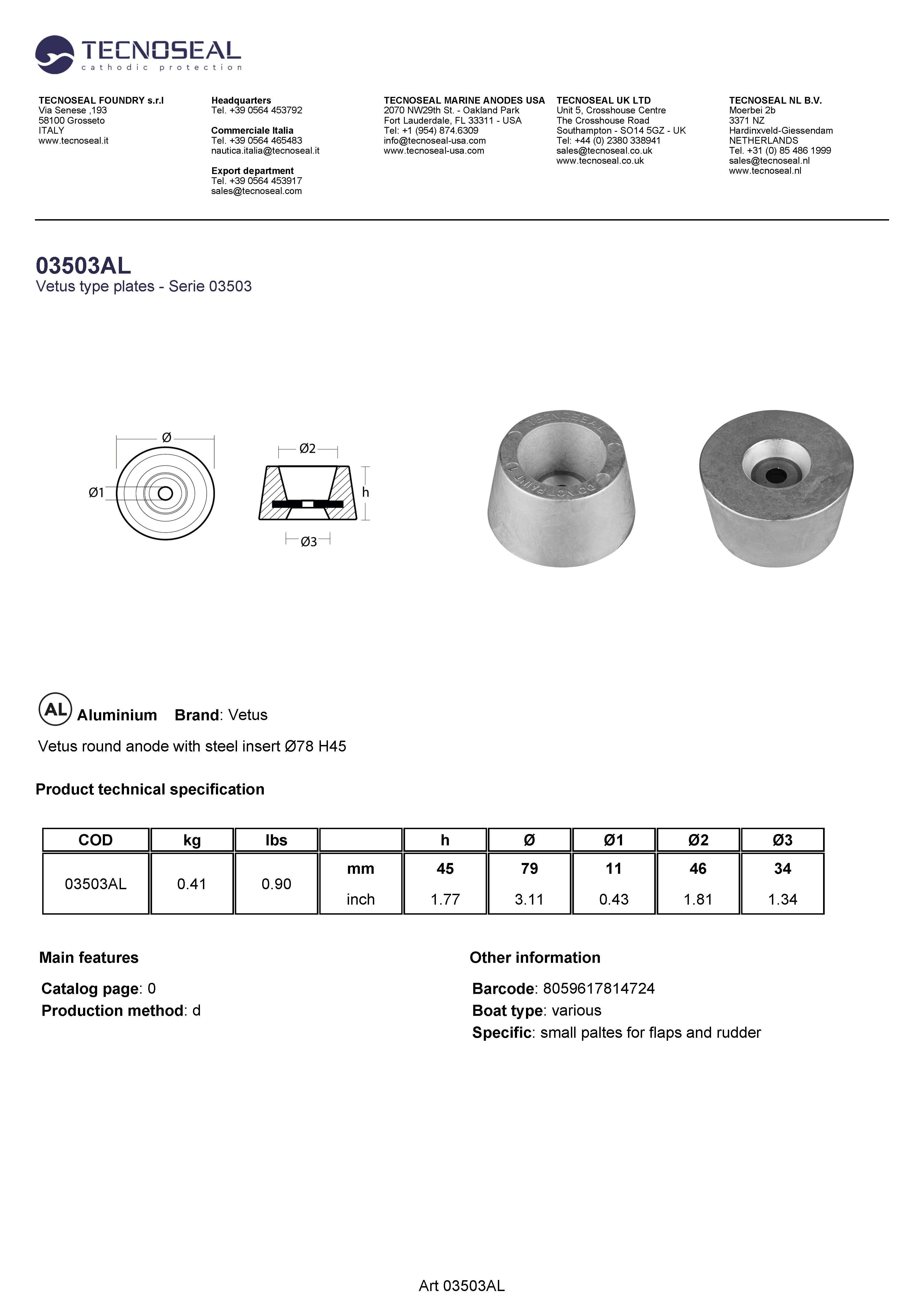 Vetus round anode with steel insert &Oslash;78 H45 - 03503al - 03503AL