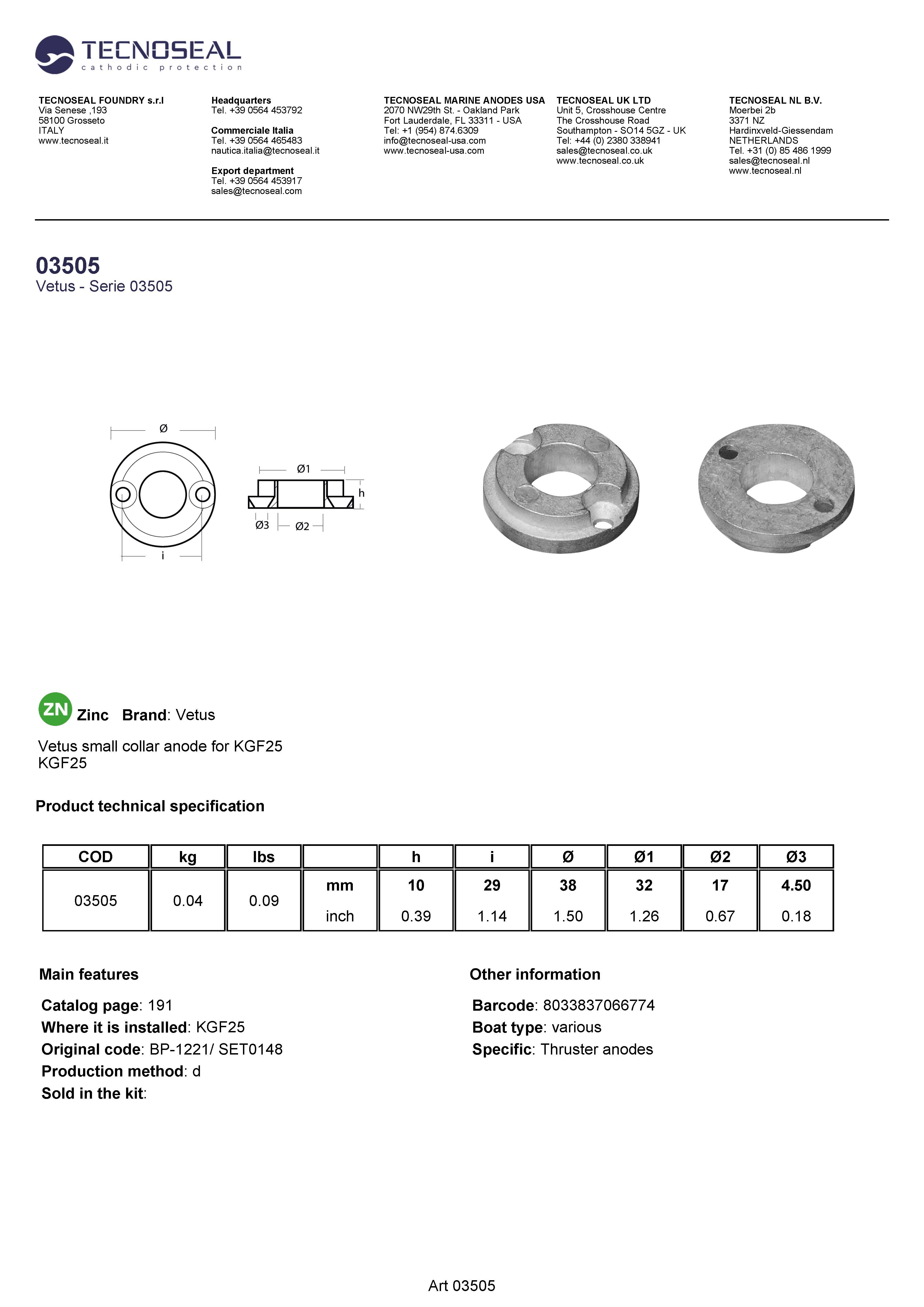 Vetus small collar anode for KGF25 - 03505 - 03505