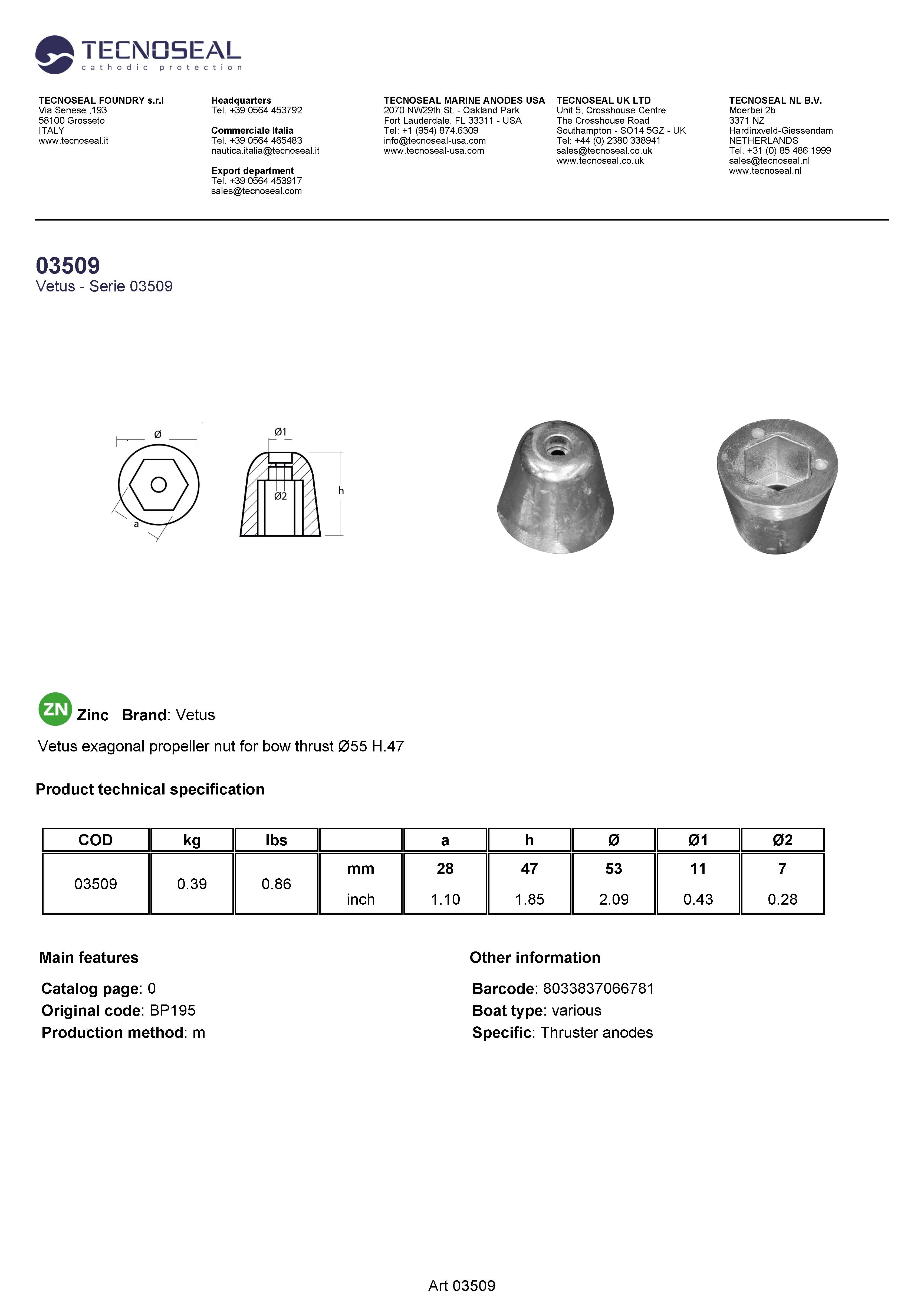 Vetus exagonal propeller nut for bow thrust &Oslash;55 H.47 - 03509 1 - 03509