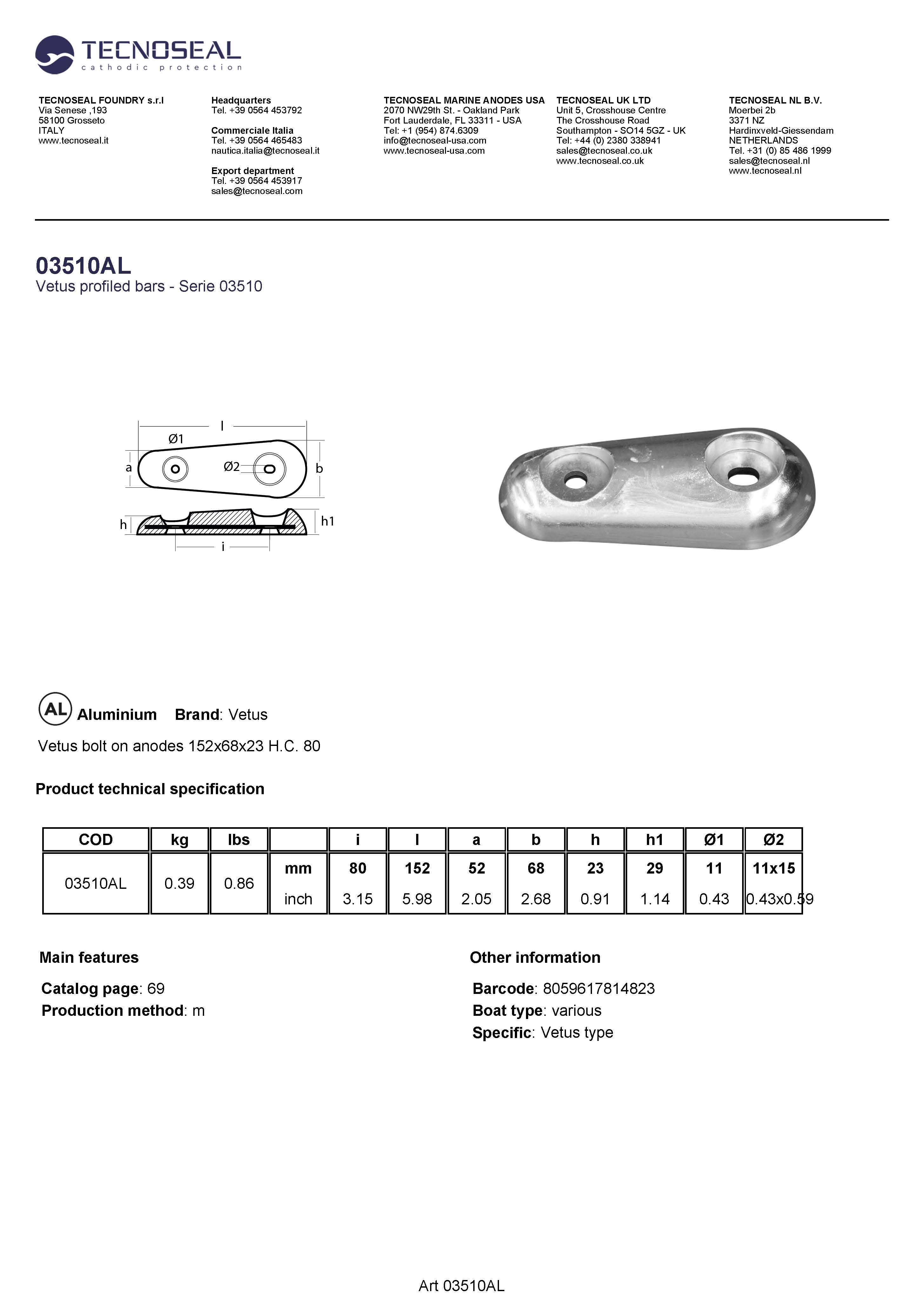 Vetus bolt on anodes 152x68x23 H.C. 80 - 03510al - 03510AL