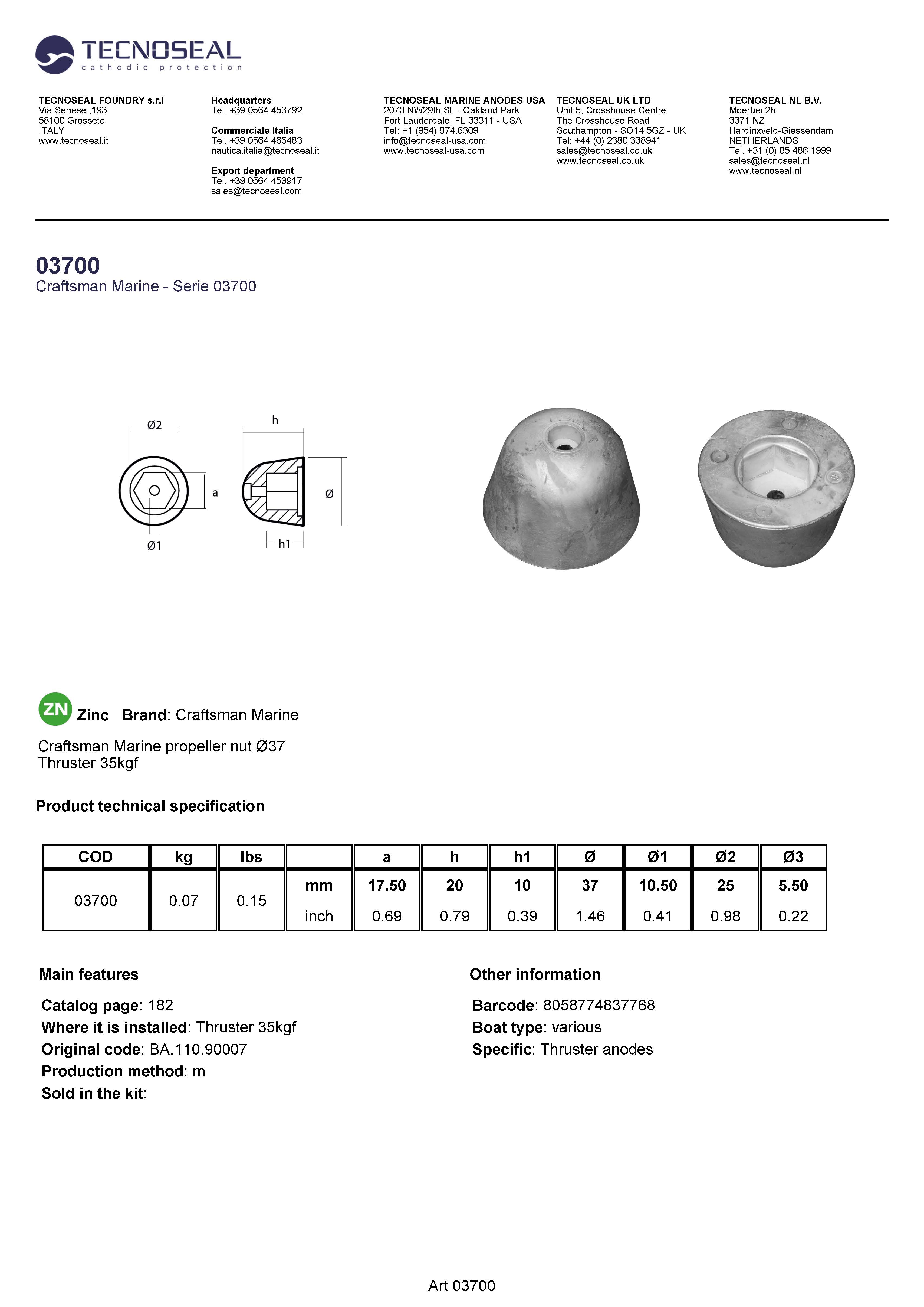 Craftsman Marine propeller nut &Oslash;37 - 03700 - 03700