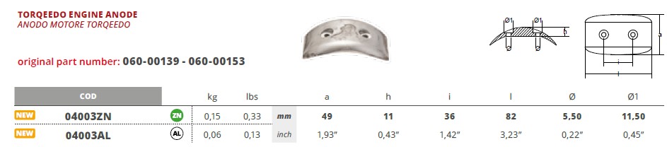 Torqueedo engine anode - 04003 3 - 04003AL