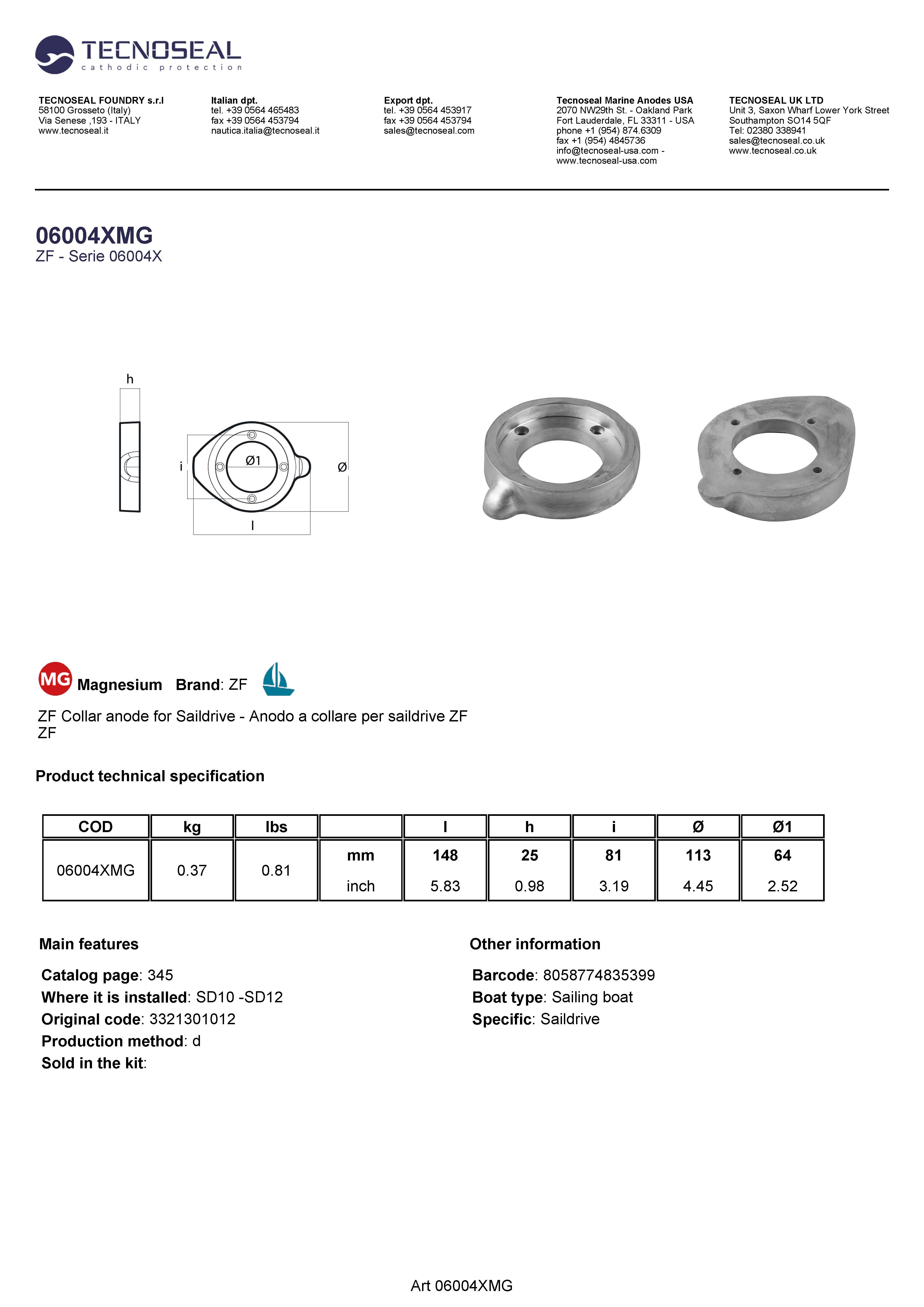 ZF Collar anode Saildrive - Anodo a collare per saildrive ZF - 06004xmg - 06004XMG