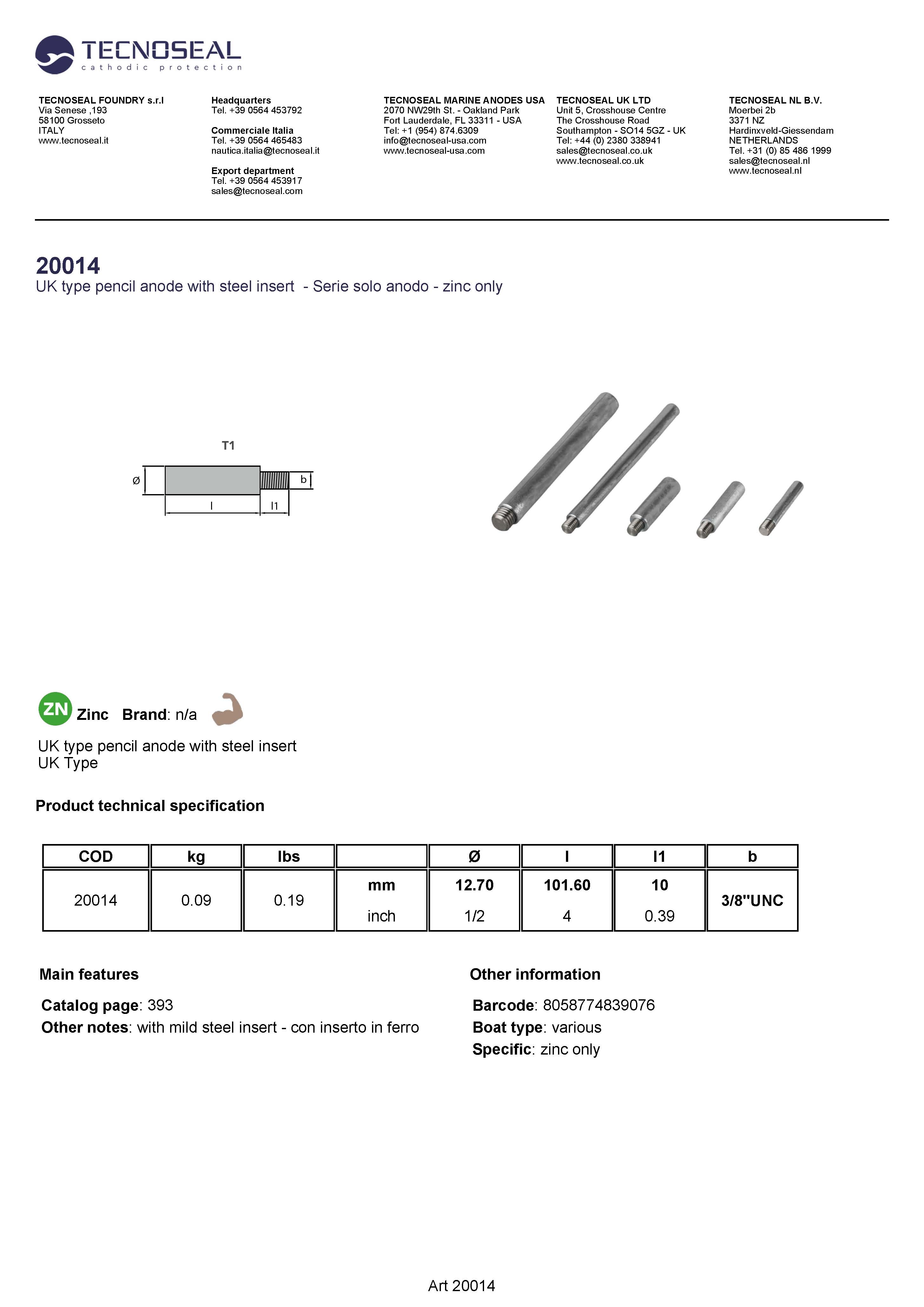 UK type pencil anode with steel insert - 20014 - 20014