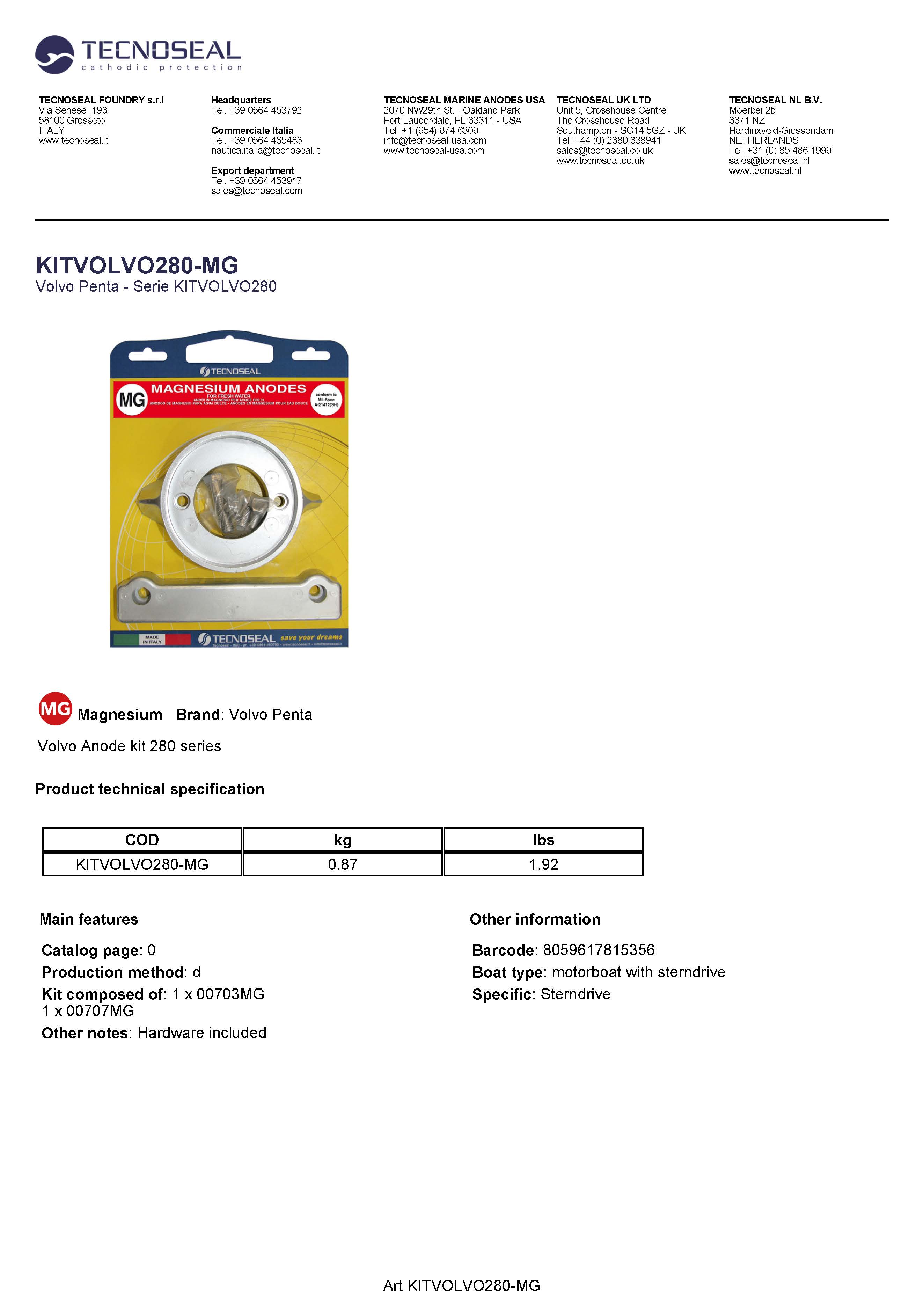 Volvo kit 280 in magnesium with hardware - Kitvolvo280 mg - KITVOLVO280-MG