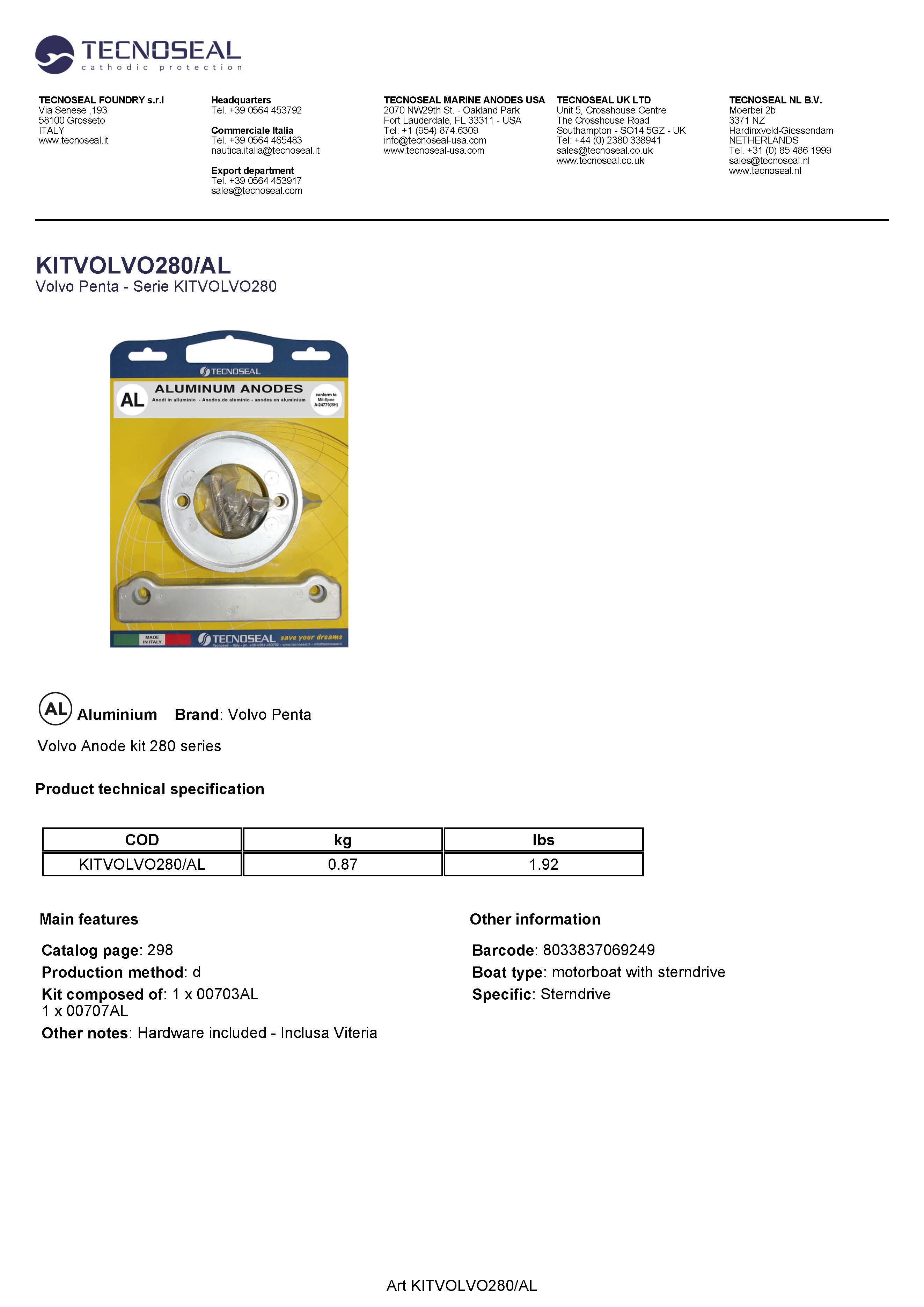 Volvo kit 280 in alluminium with hardware - Kitvolvo280al 1 - KITVOLVO280/AL