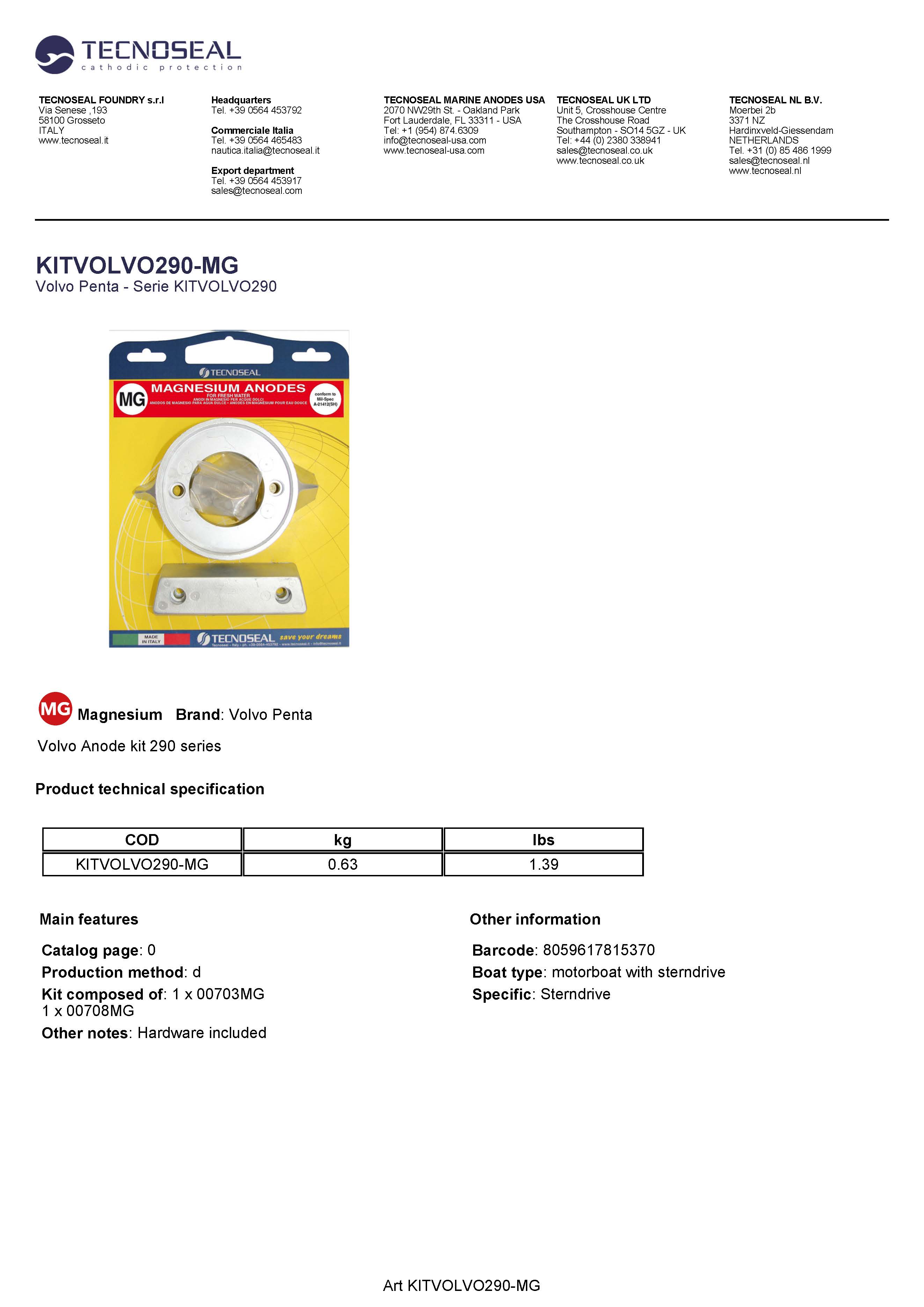 Volvo kit 290 in magnesium with hardware - Kitvolvo290 mg - KITVOLVO290-MG