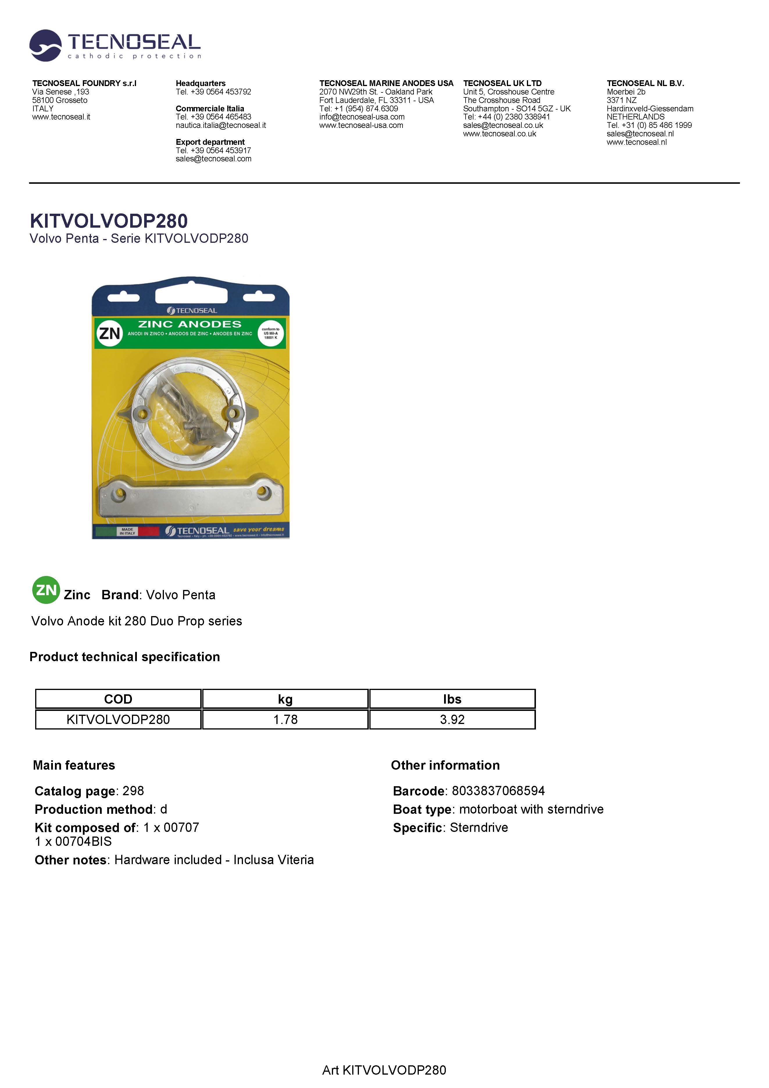 Volvo kit 280 Duo Prop in zinc with hardware - Kitvolvodp280 1 - KITVOLVODP280