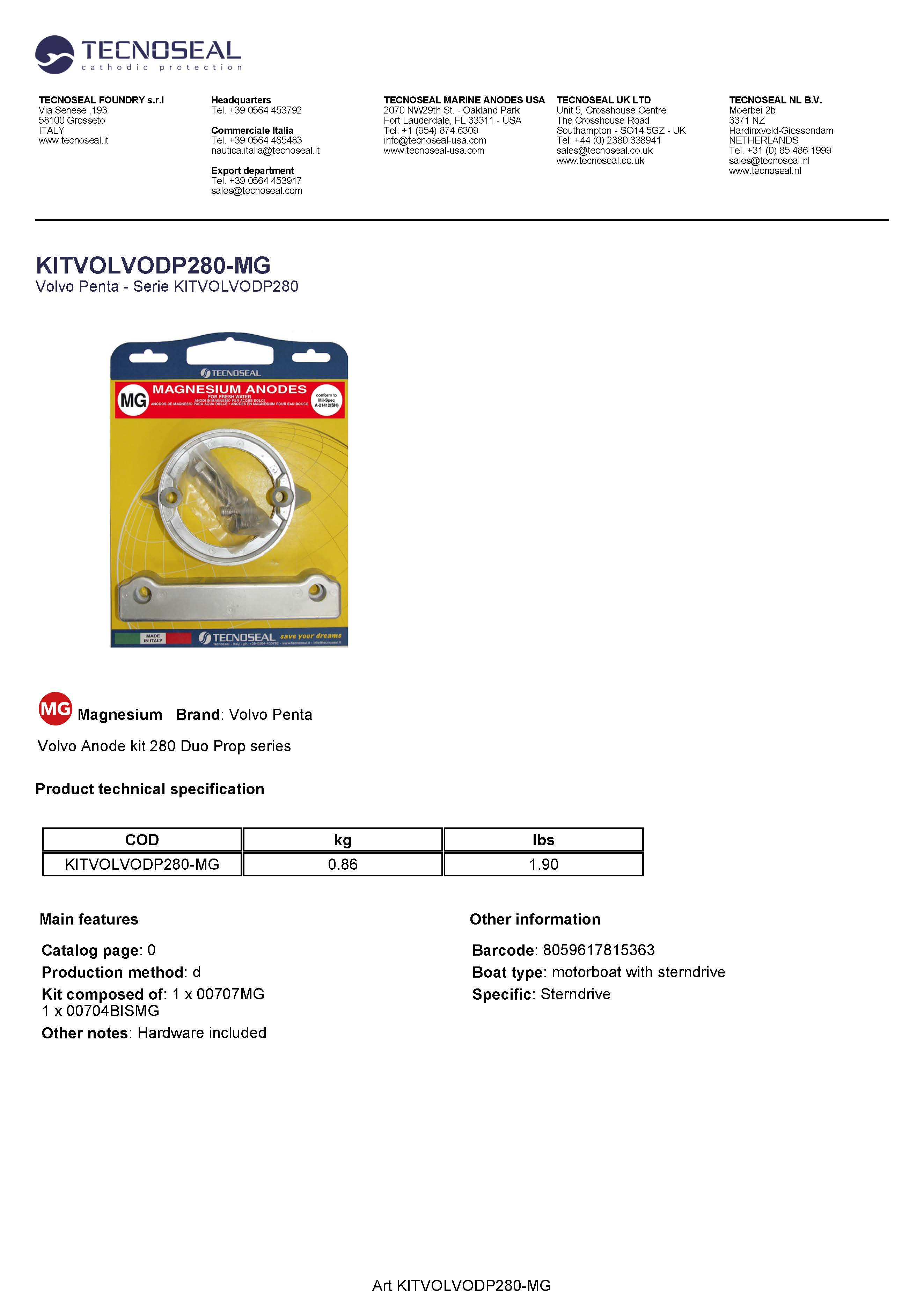 Volvo kit 280 Duo Prop in magnesium with hardware - Kitvolvodp280 mg - KITVOLVODP280-MG