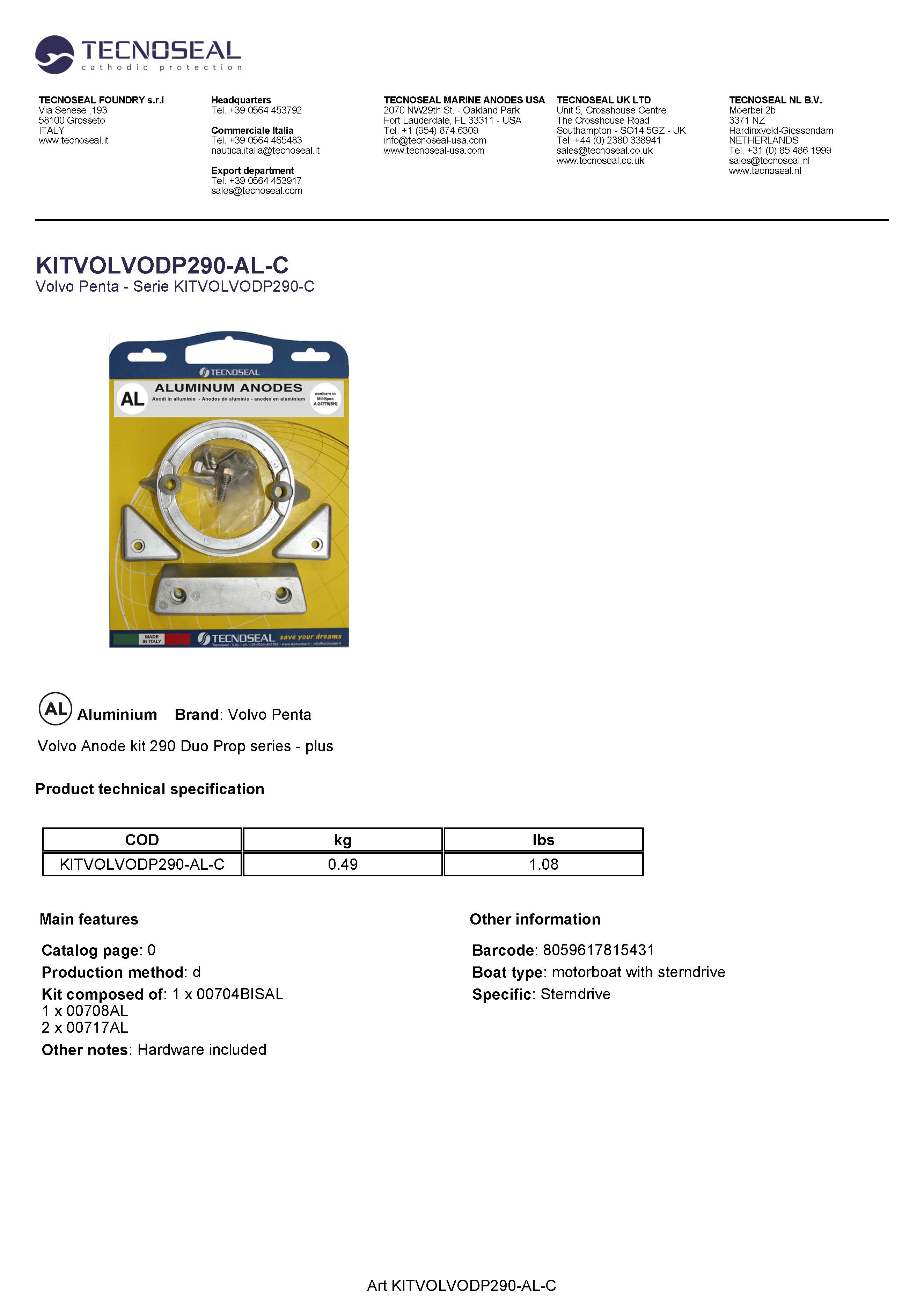 Volvo kit 290 C Duo Prop in alluminium with hardware - Kitvolvodp290 al c - KITVOLVODP290-AL-C